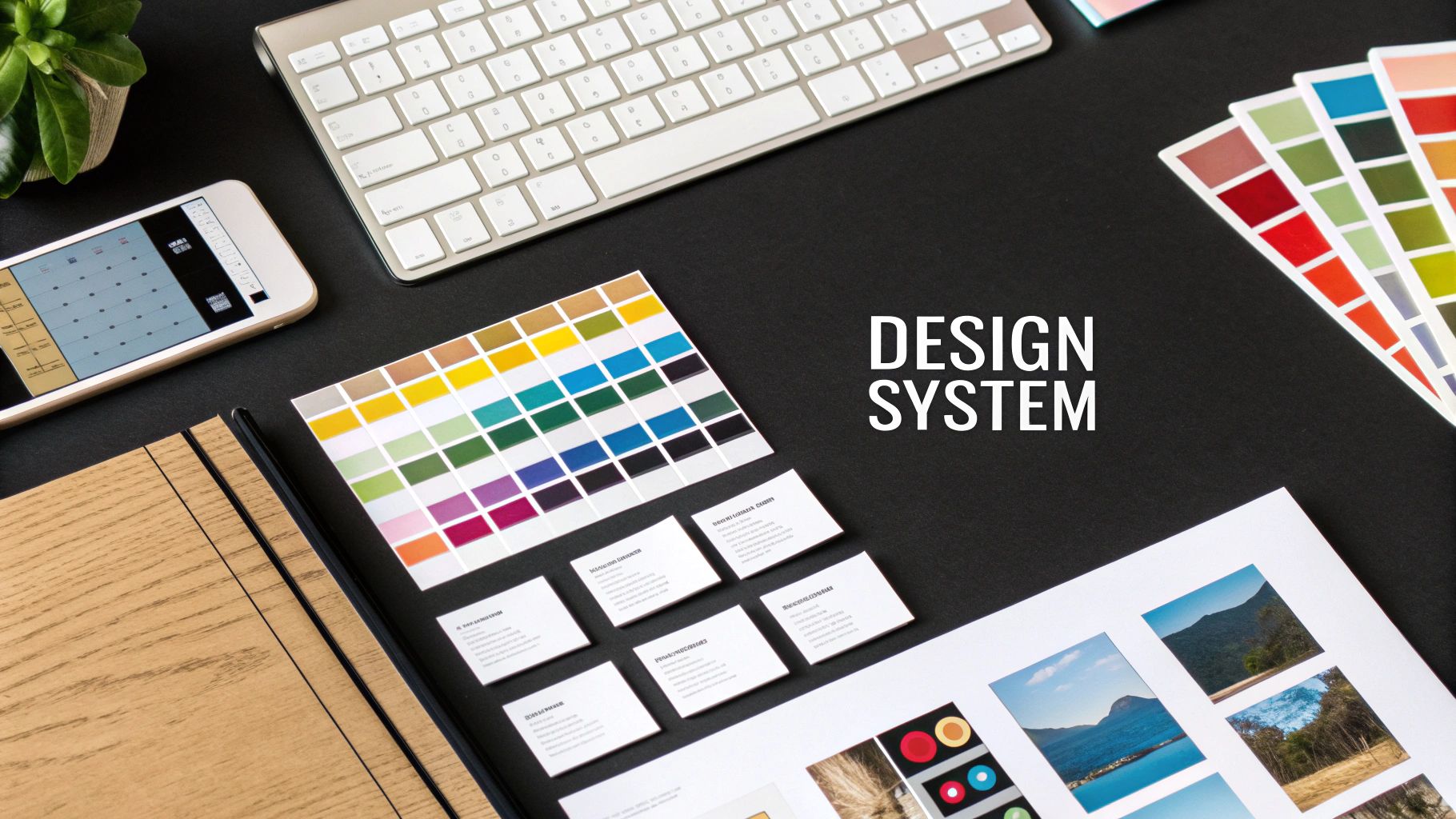 A flat lay of design system elements, including color palettes, a keyboard, phone, and business cards on a black desk.