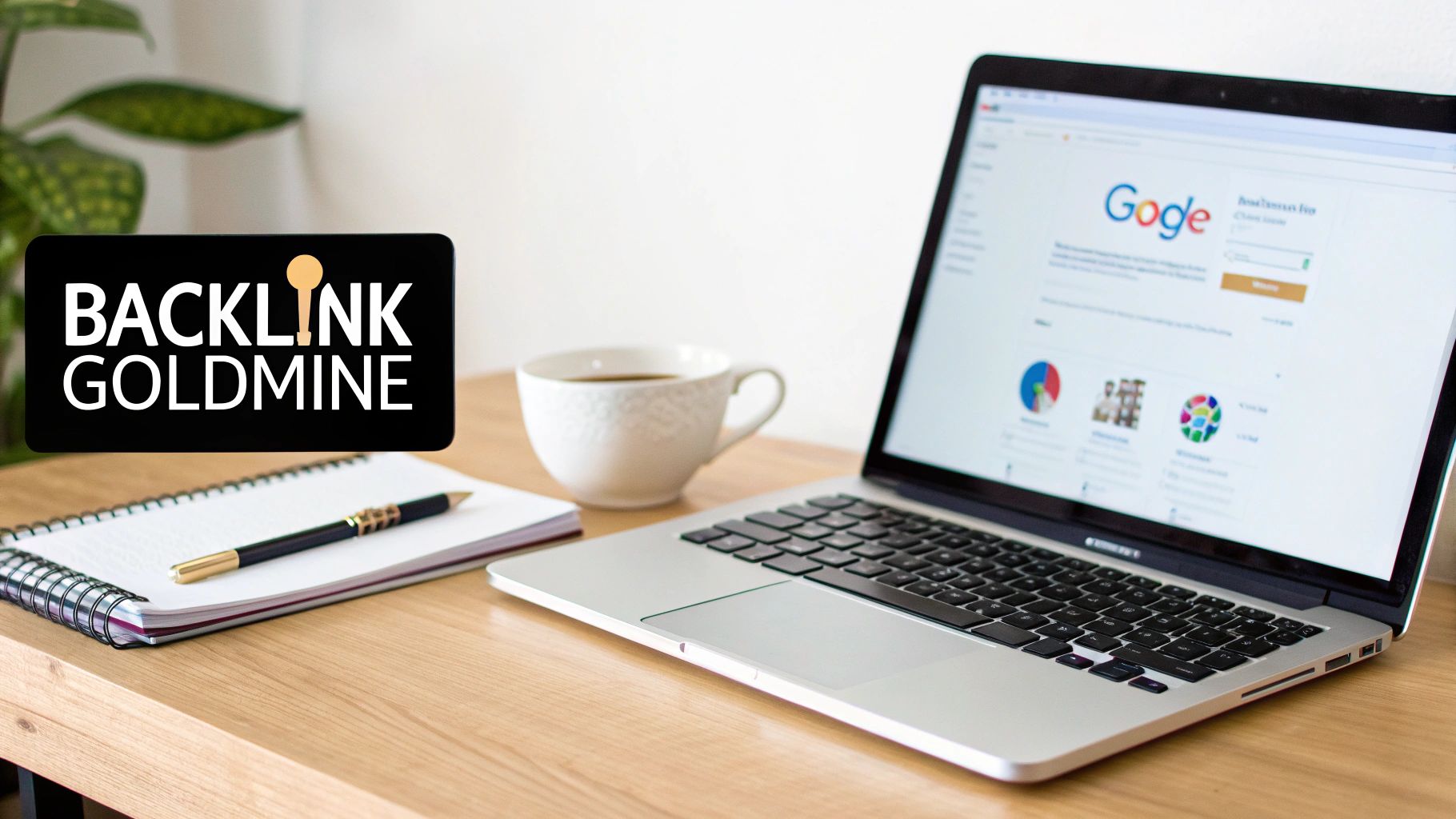 A laptop on a wooden desk showing Google search, with a coffee cup, notebook, and a 'BACKLINK GOLDMINE' sign.
