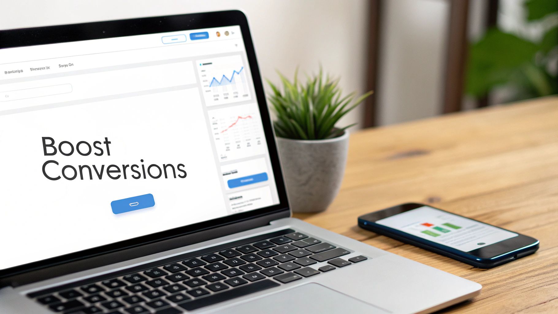 Laptop and smartphone displaying conversion optimization data and charts on a wooden desk.