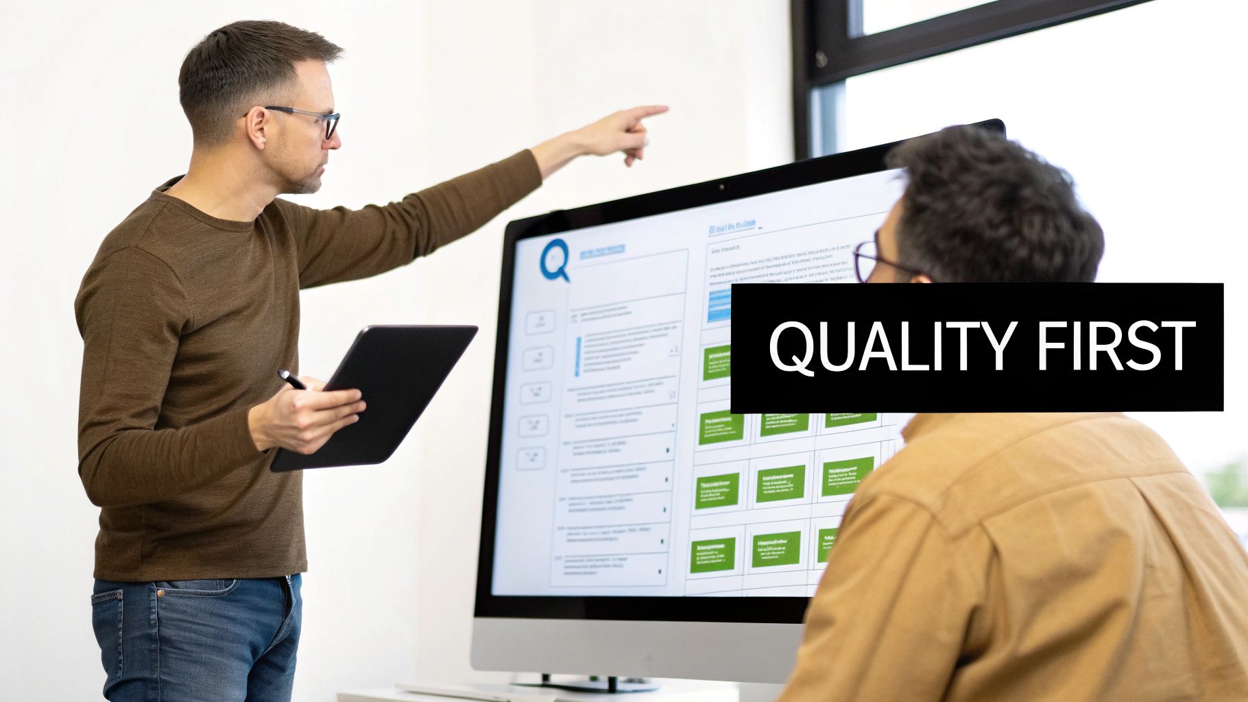 Two men collaborating on a web development project, one pointing at a large monitor, with a 'QUALITY FIRST' overlay.