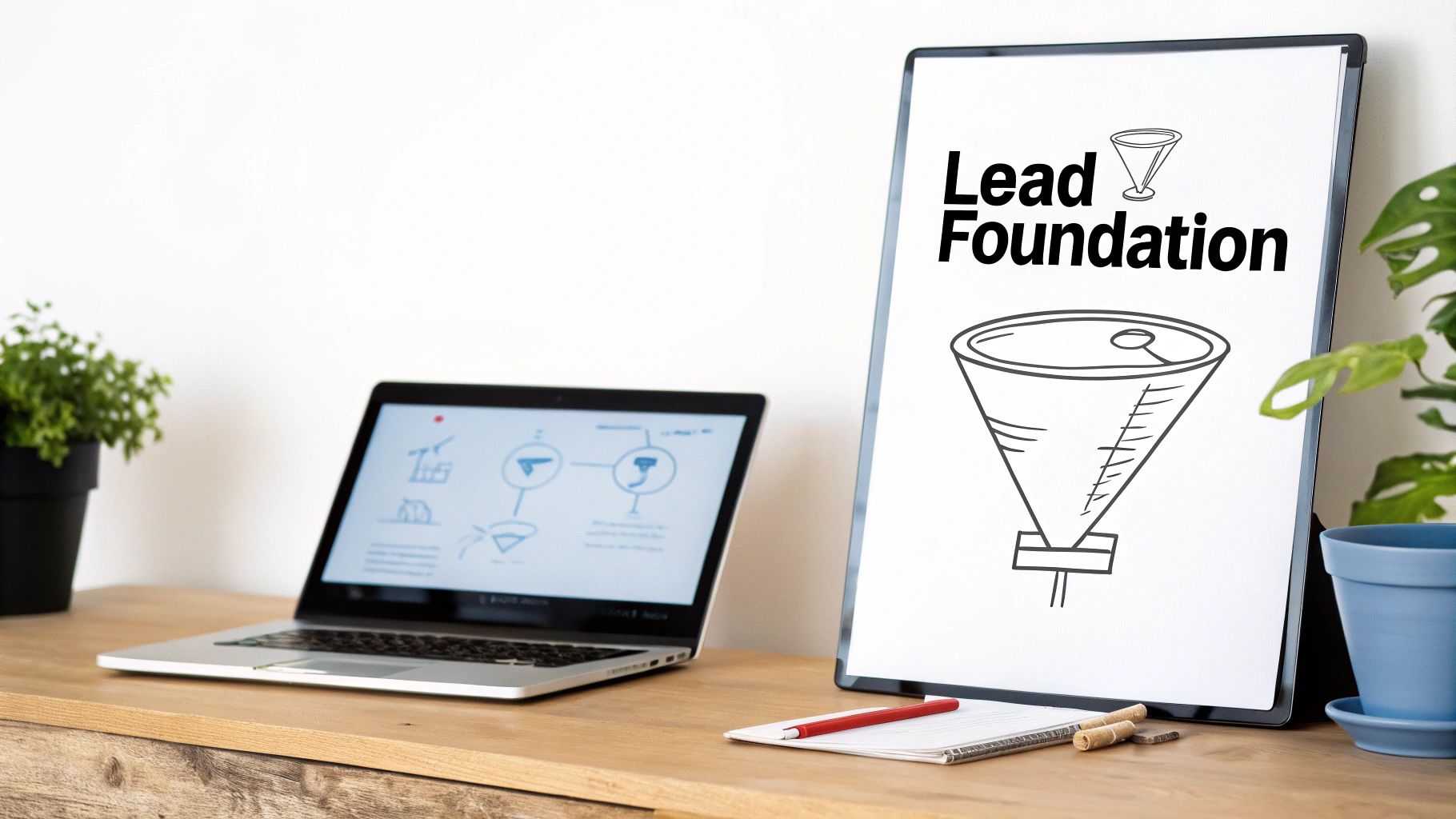 A workspace with a laptop displaying a diagram, a plant, and a whiteboard showing 'Lead Foundation' and a marketing funnel.