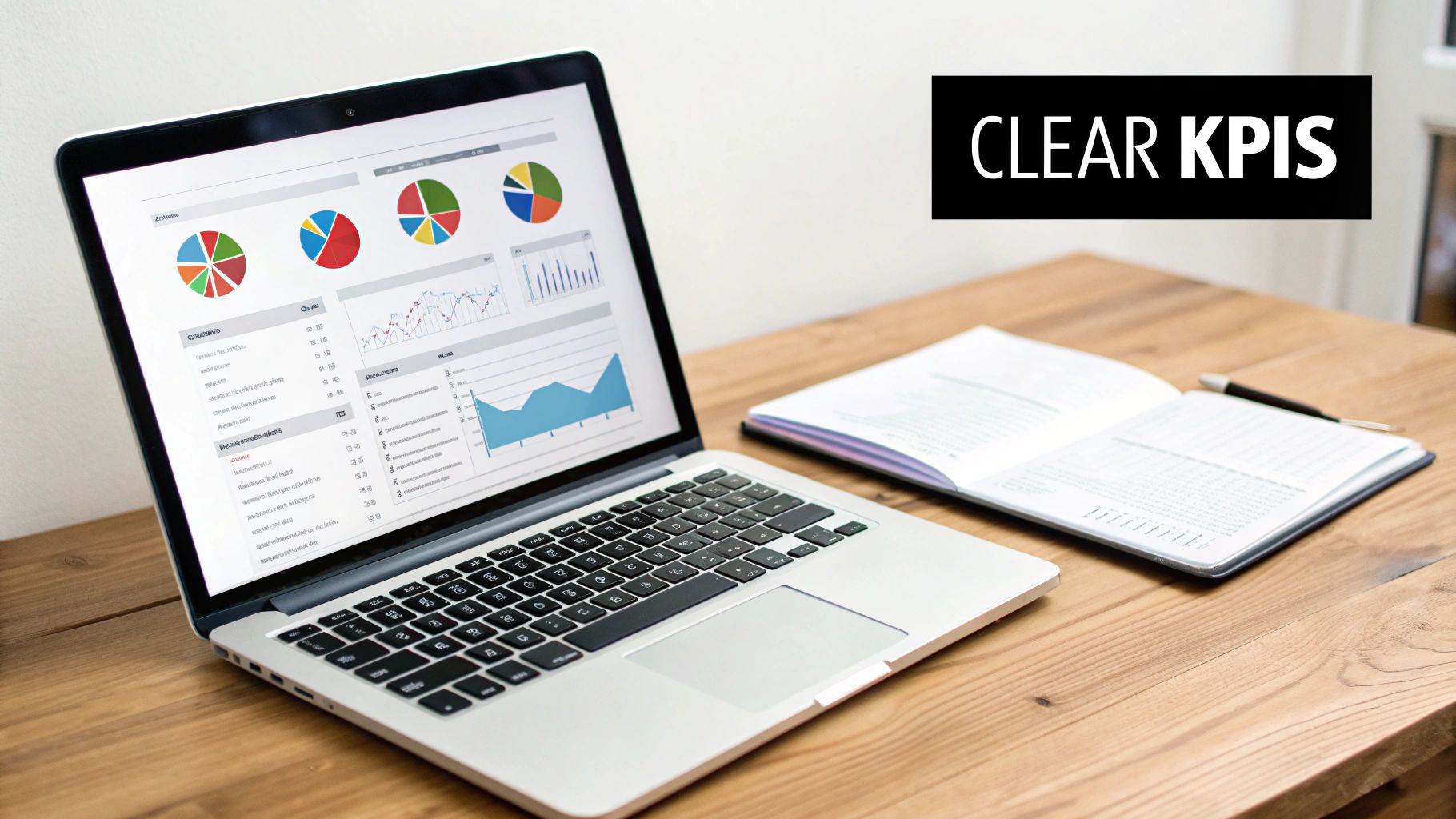 A laptop displaying clear KPIs with pie charts and line graphs, an open notebook, and a pen on a wooden desk.