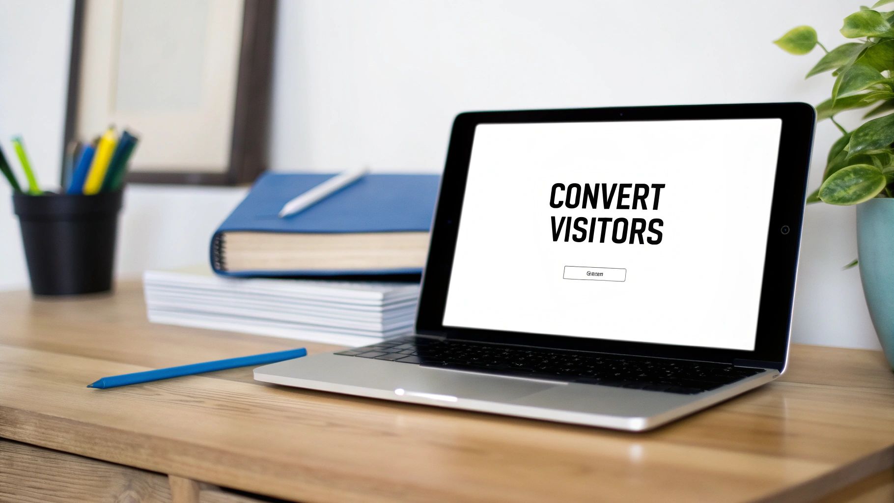 A laptop on a wooden desk displaying "CONVERT VISITORS" on its screen, with office supplies.