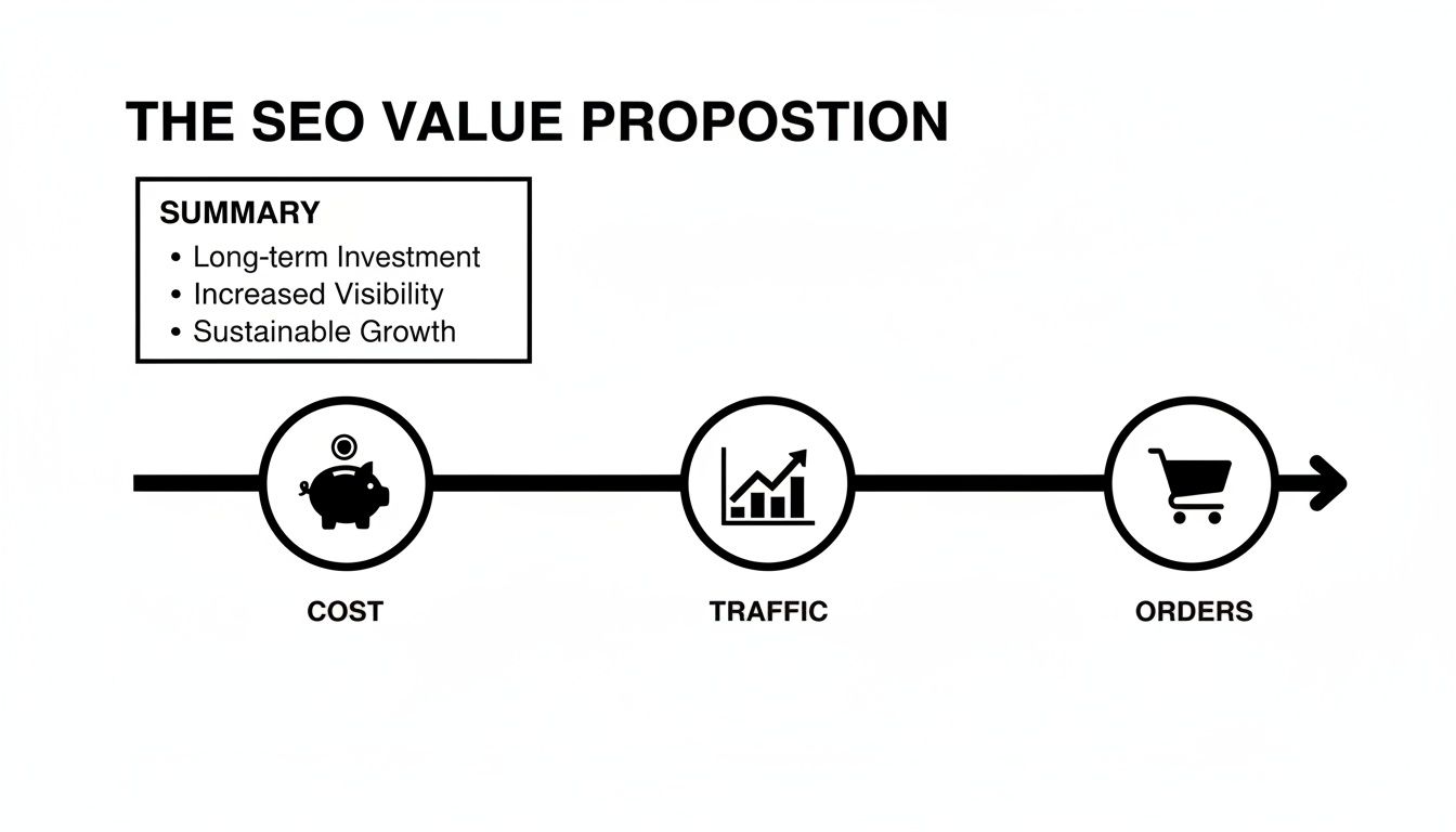 Diagram illustrating the SEO value proposition: cost leads to traffic and orders, with long-term benefits.