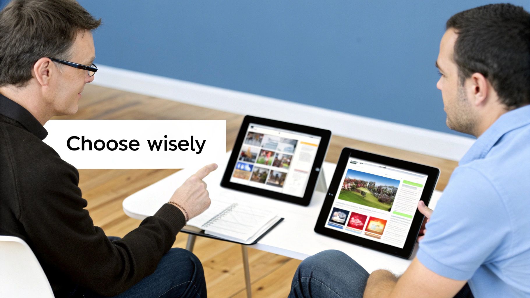 Two men compare website designs on tablets, one pointing, with text 'Choose wisely'.