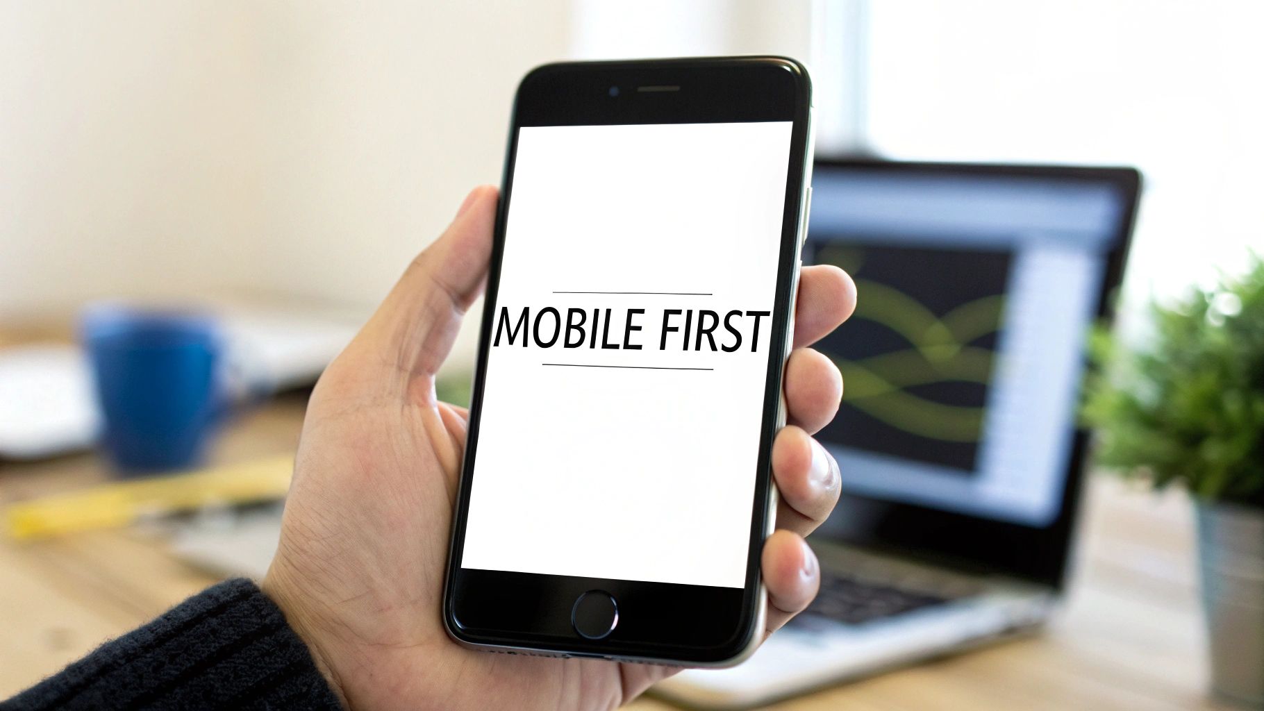 A person's hand holds a black smartphone displaying 'MOBILE FIRST' text on its bright screen.