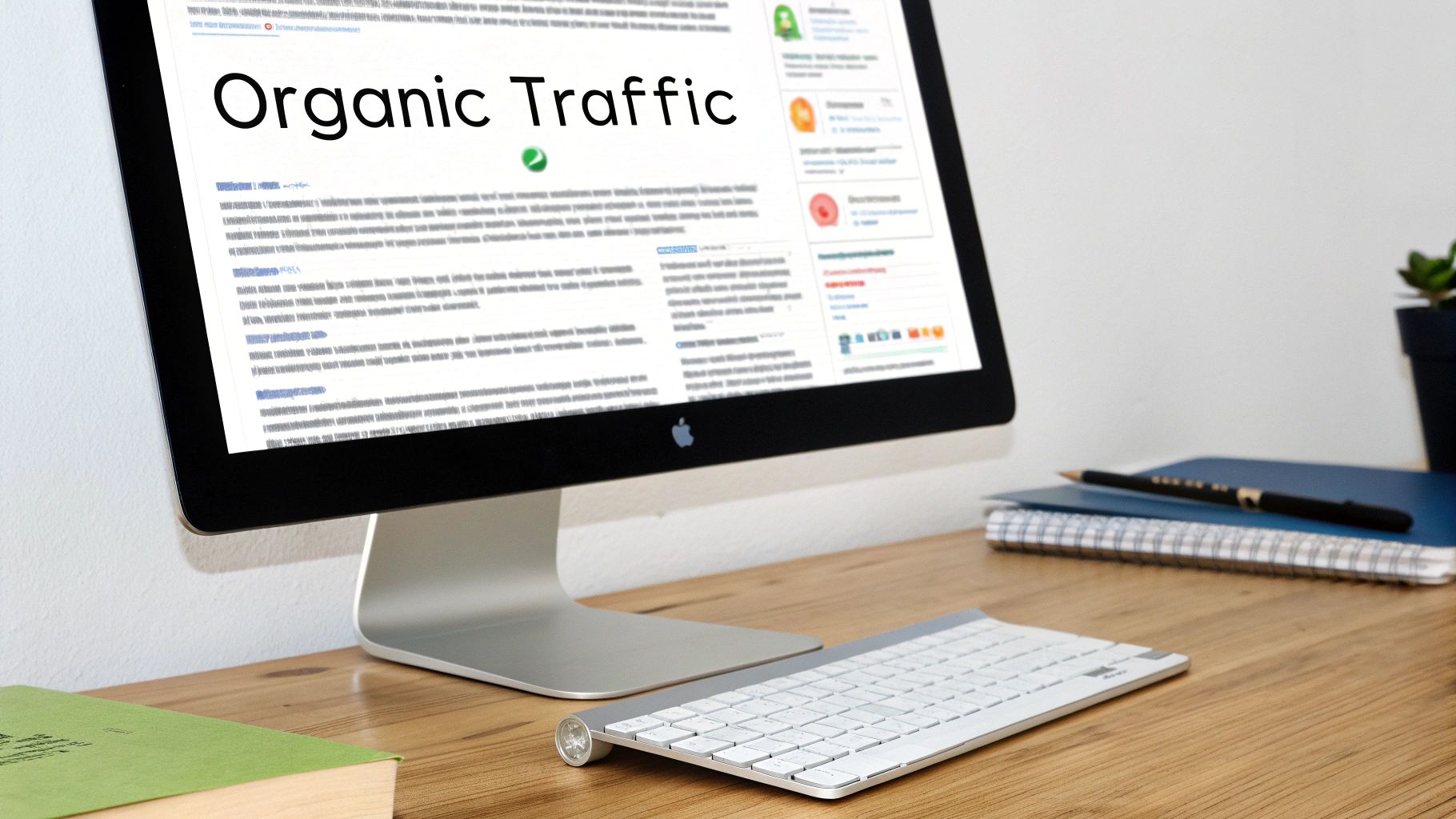 A computer screen displaying 'Organic Traffic' text, with a keyboard, notebooks, and a plant on a wooden desk.