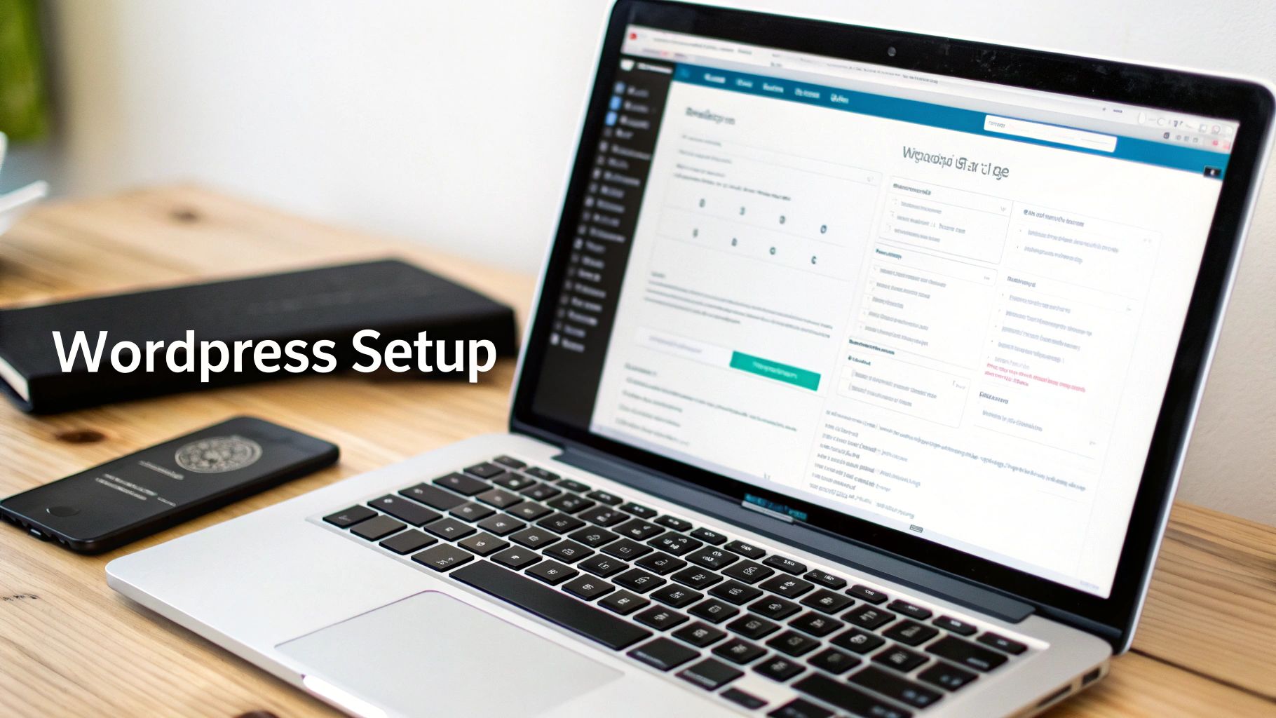 Laptop on a wooden desk displaying a WordPress setup interface, alongside a smartphone and notebook.