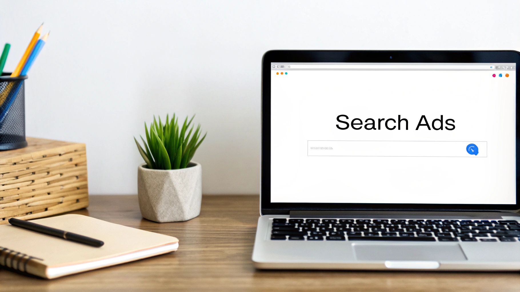 A laptop on a wooden desk displaying 'Search Ads' on its screen, surrounded by office supplies.