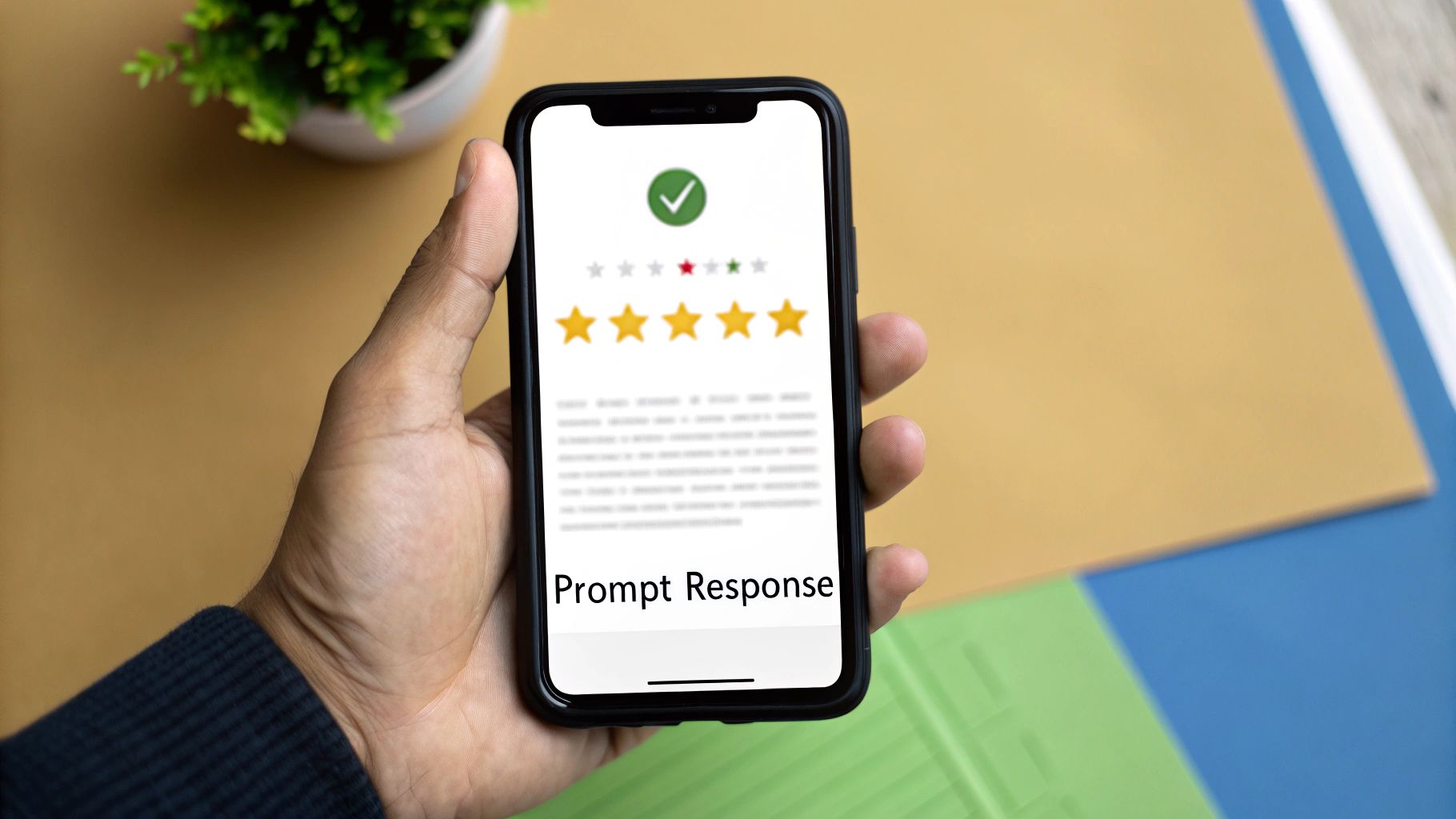 A person using a laptop to manage online reviews, with chat bubbles representing customer feedback.
