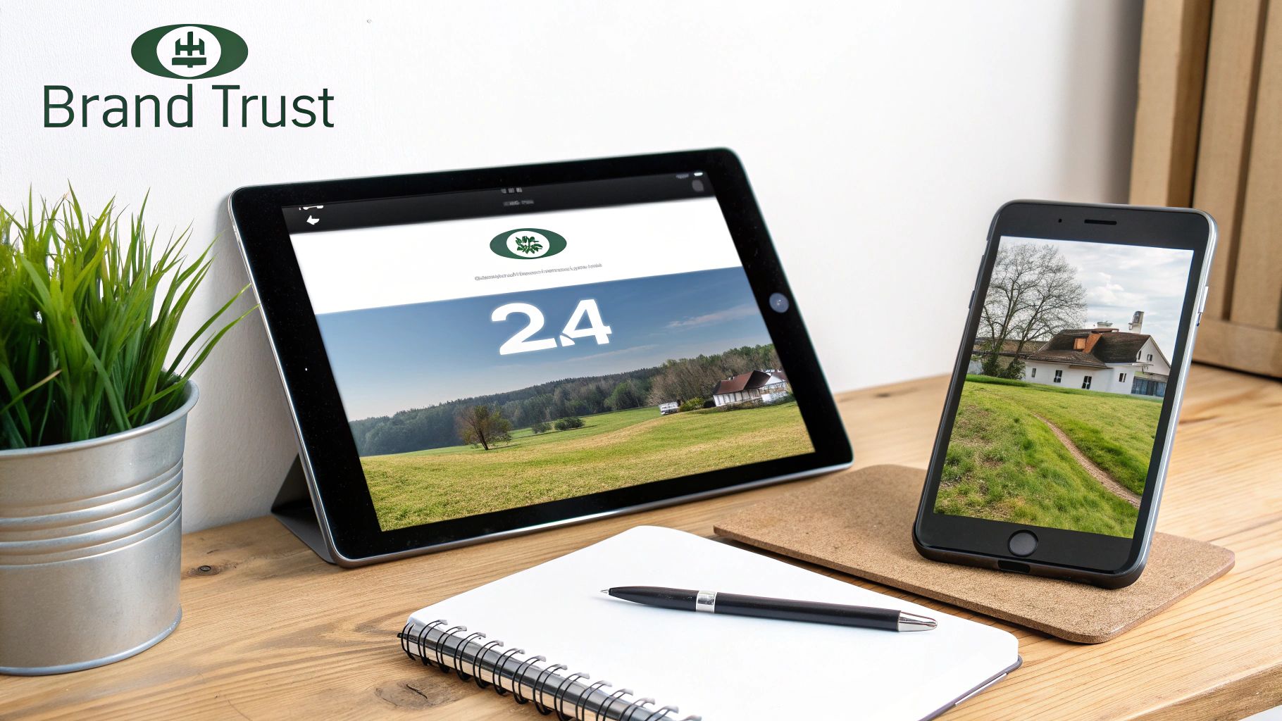 A close-up of a rustic wooden desk with a tablet, smartphone, notebook, and a plant.