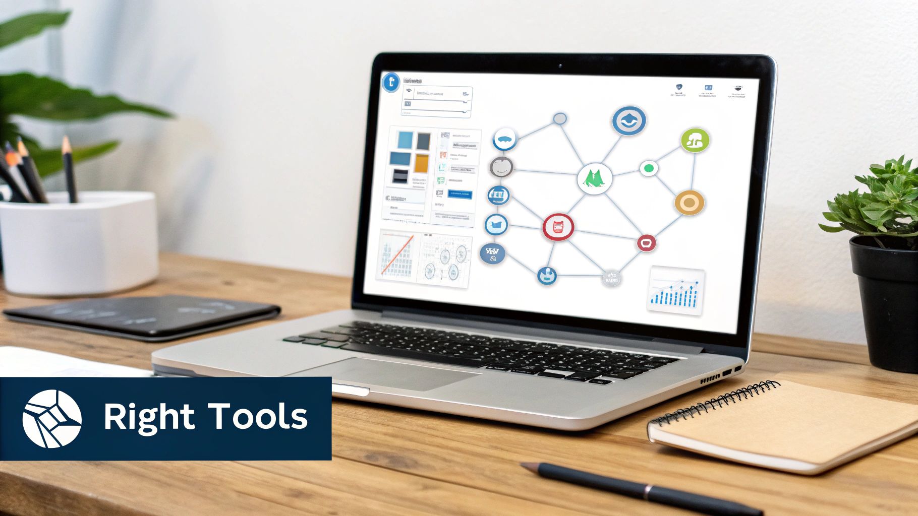 A laptop on a wooden desk displaying a complex data visualization, surrounded by office supplies.