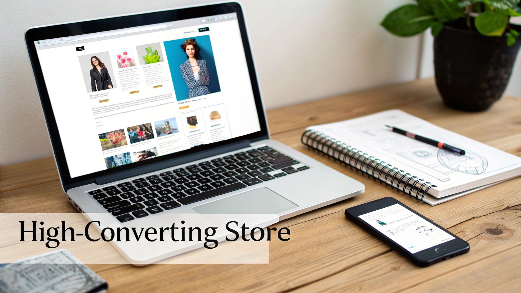A high-converting e-commerce store displayed on a laptop, with a smartphone and notebook on a wooden desk.