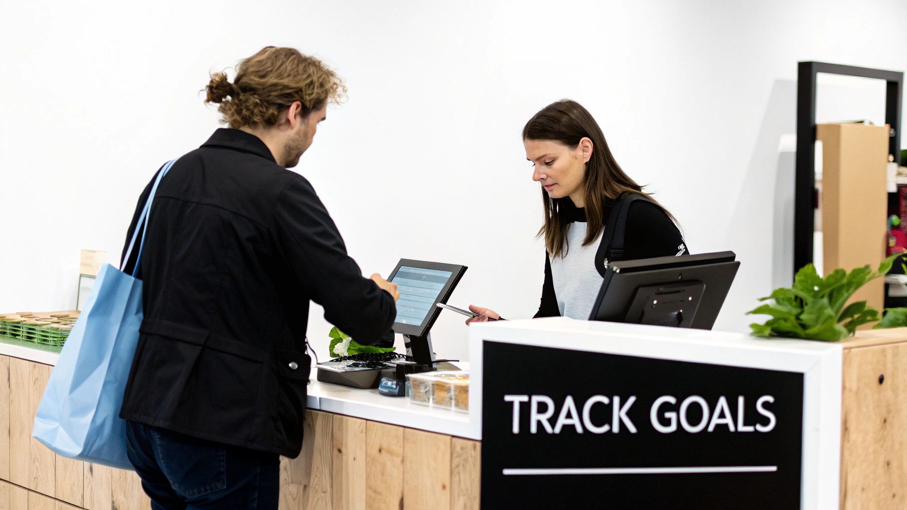 An employee assists a customer at a modern counter with a POS system and a 'TRACK GOALS' sign.