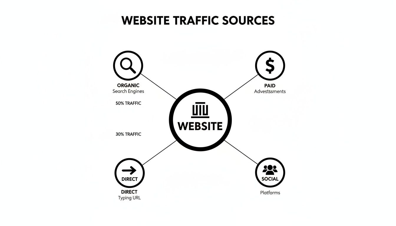 Diagram illustrating a website's traffic breakdown by organic, paid, direct, and social sources.
