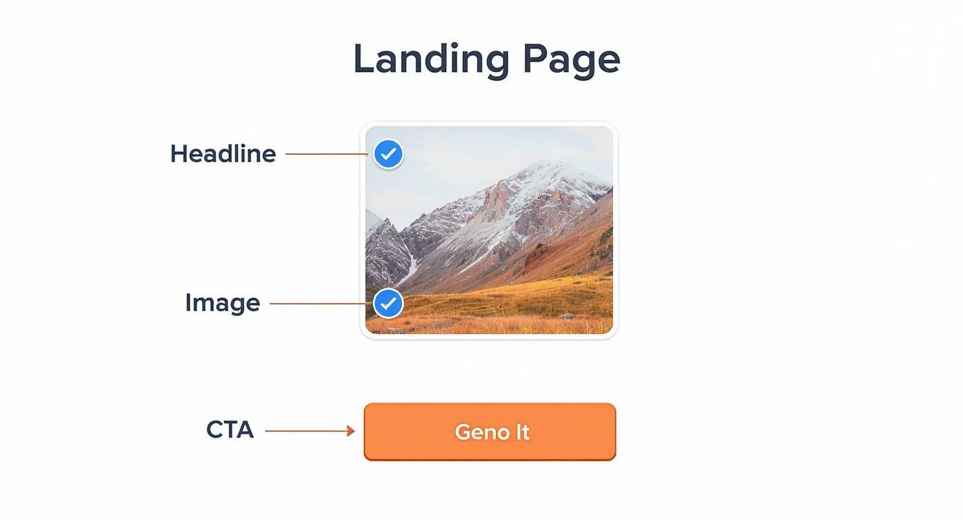 Diagram illustrating a landing page structure with a headline, a mountain image, and a 'Geno It' call to action button.