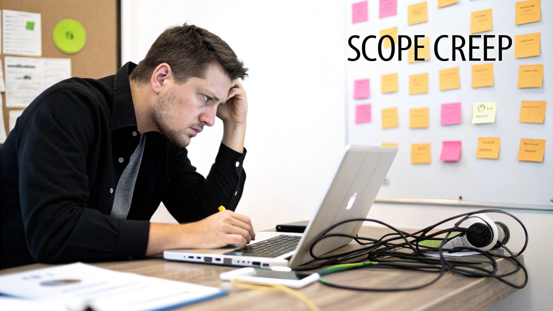 A man looks stressed while working on a laptop, with “SCOPE CREEP” on a whiteboard.