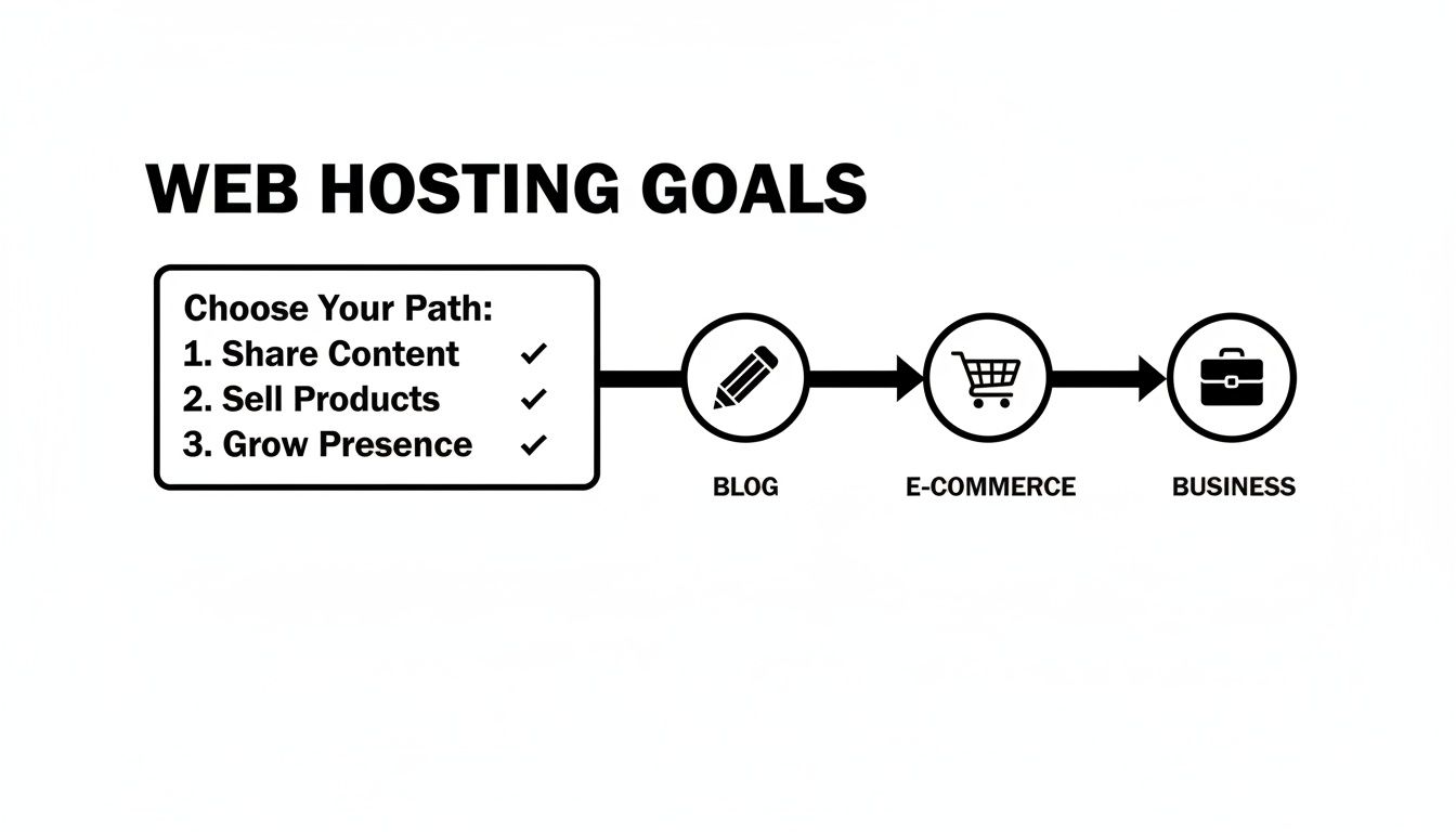 Flowchart detailing web hosting options for content sharing, product sales, and business growth.