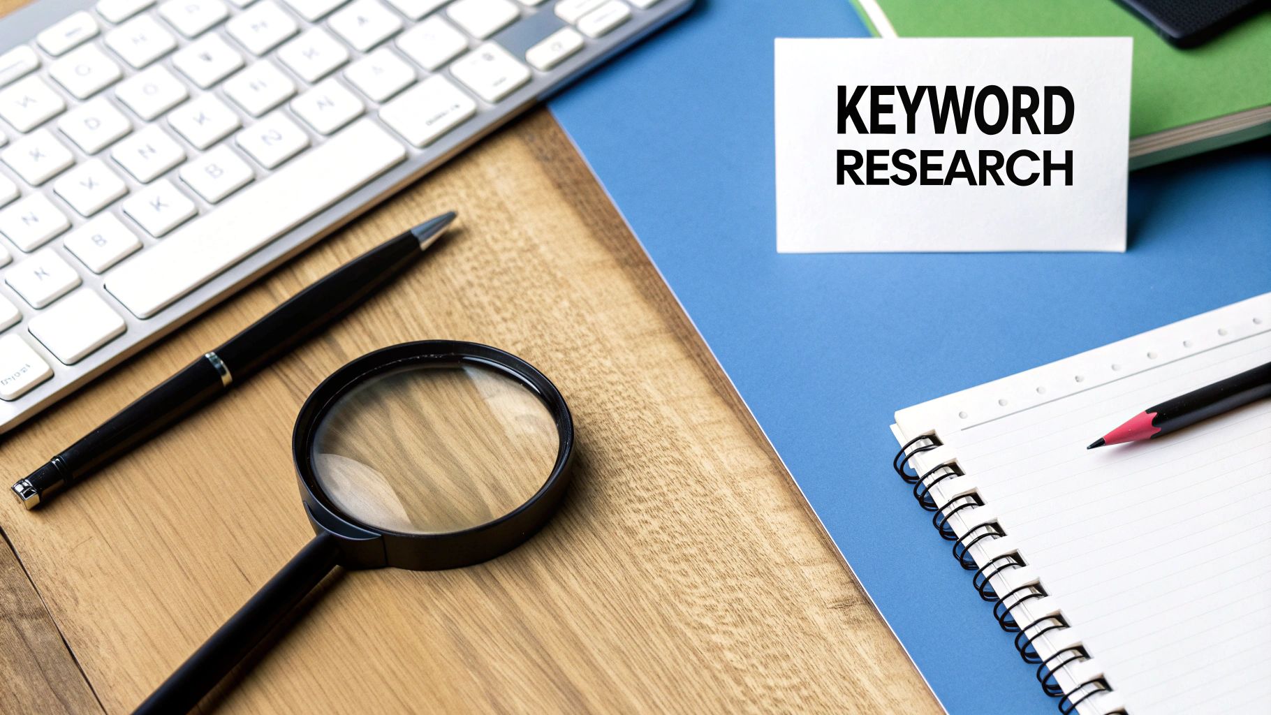 A magnifying glass over a computer screen showing search results, illustrating the process of finding the right keywords.