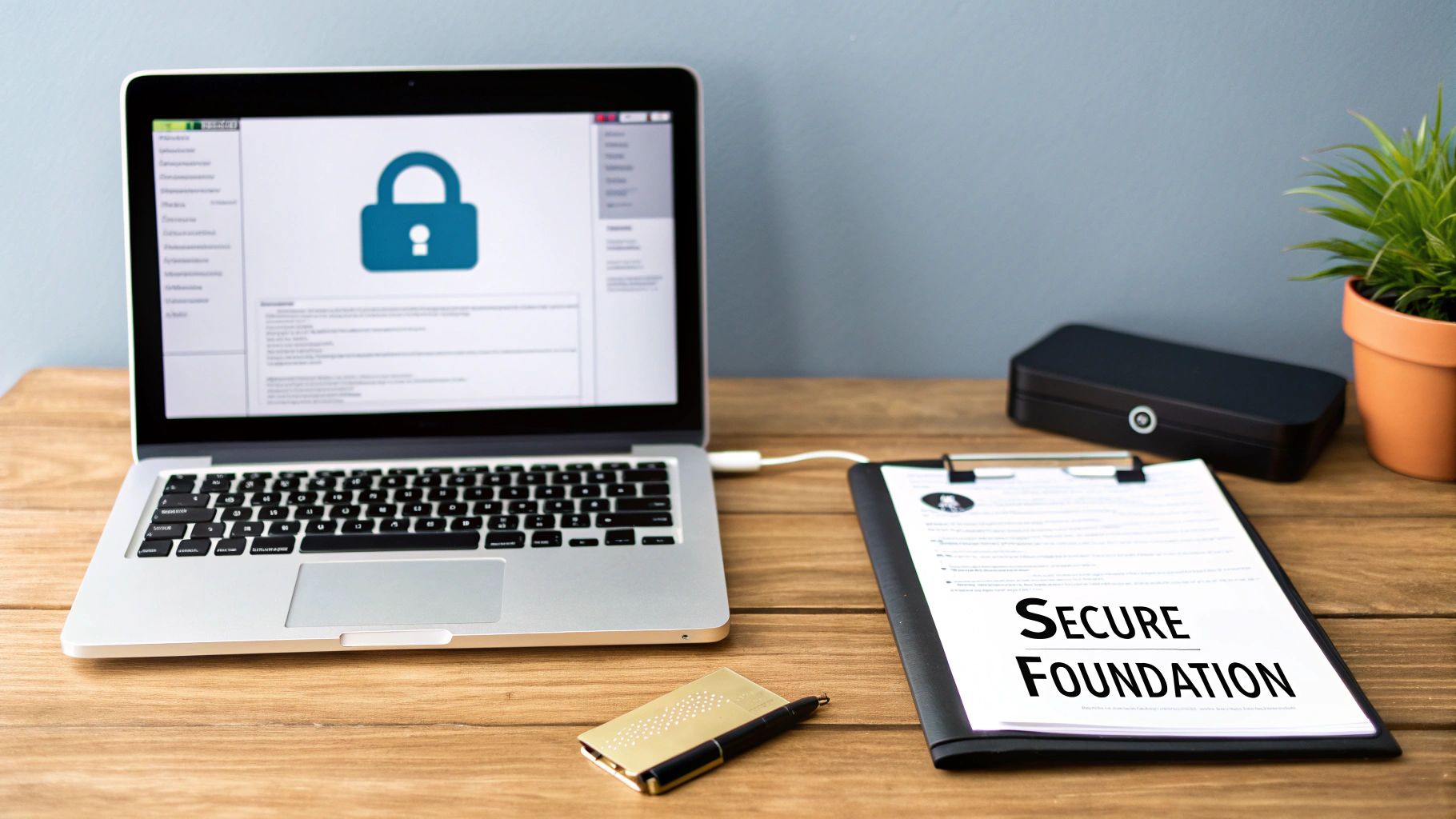 A laptop displaying a security padlock icon next to a document titled 'Secure Foundation'.