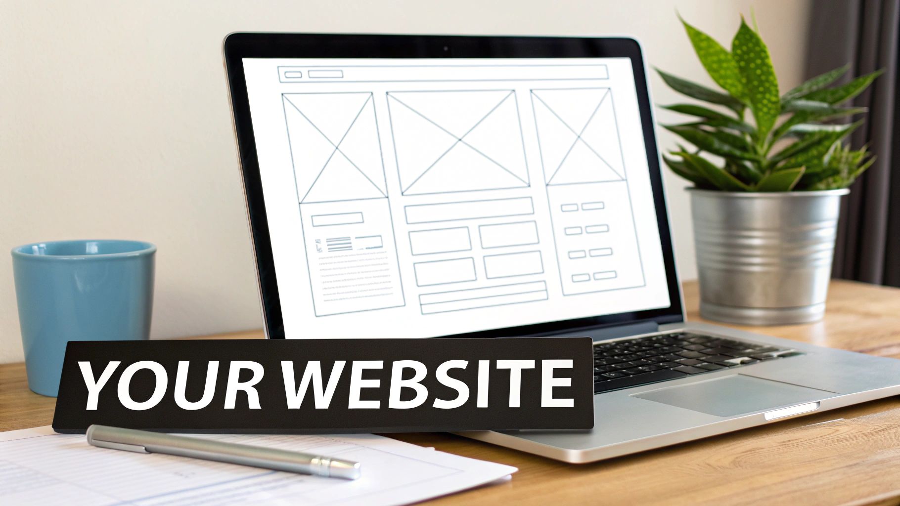 A person working on a laptop, designing a professional and modern website layout.