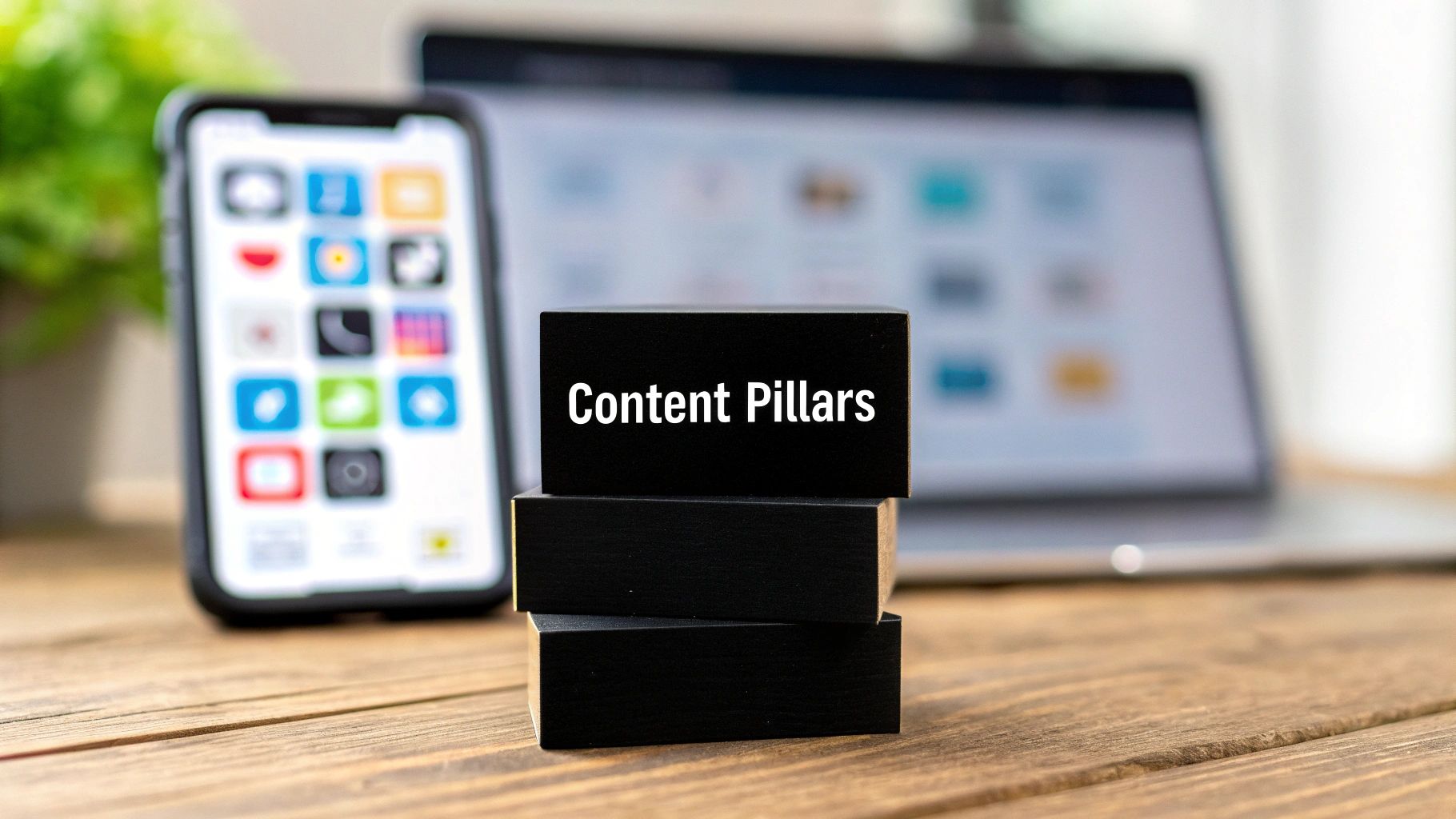 Stack of black blocks on a wooden table with 'Content Pillars' text, blurred phone and laptop in background.