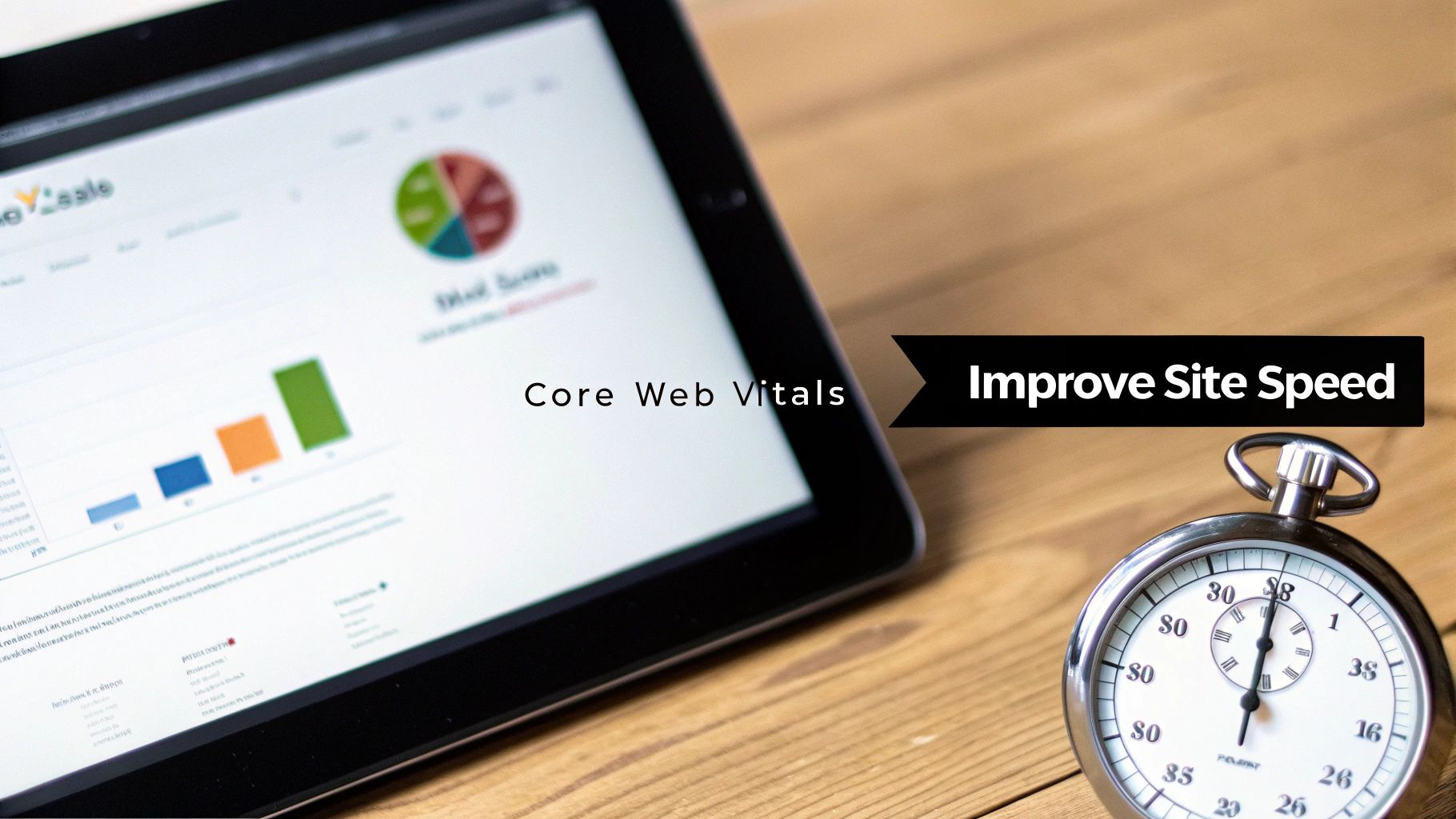A tablet displays web analytics charts next to a stopwatch, emphasizing Core Web Vitals and site speed.