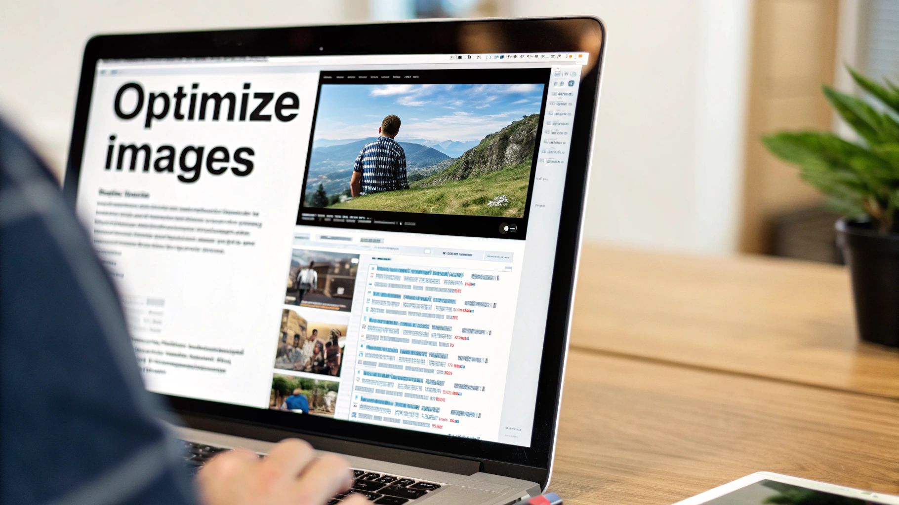 Person viewing a laptop screen with a webpage titled 'Optimize images' and a mountain landscape photo.