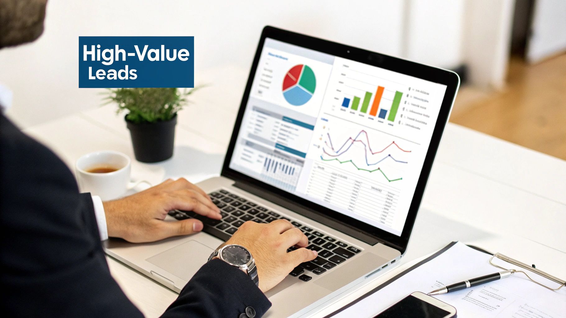 A person working on a laptop with charts and graphs symbolizing SEO analytics and lead growth
