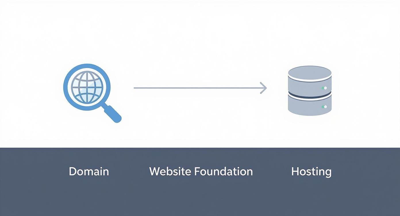 Diagram illustrating the website setup process: a domain (magnifying glass with globe icon) connects to website foundation and hosting (server icon).