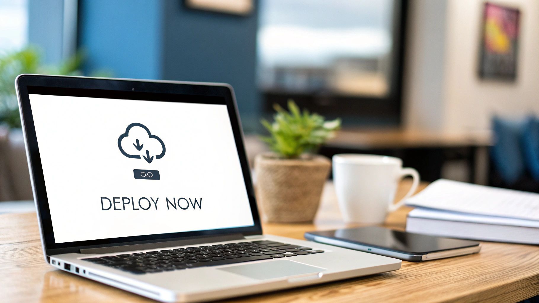 A laptop screen displays 'DEPLOY NOW' with a cloud icon on a wooden desk with a phone, coffee, and plant.
