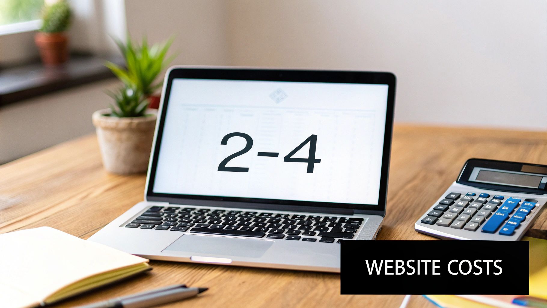 A laptop displaying '2-4' with a calculator and notebook on a wooden desk, highlighting website costs.