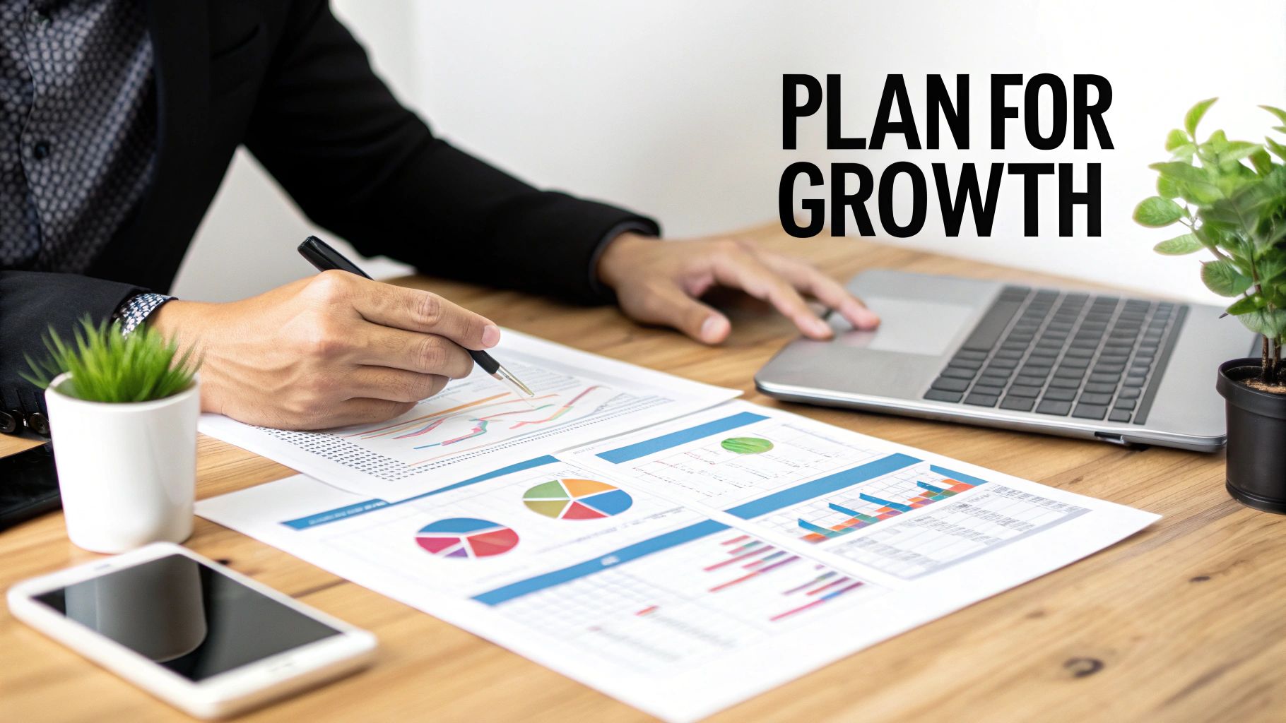 A person reviews 'PLAN FOR GROWTH' documents and charts on a wooden desk with a laptop.