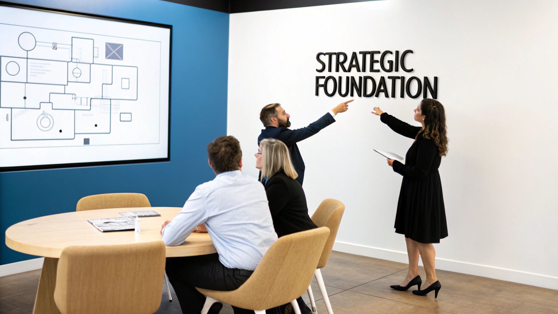 Business professionals presenting strategic foundation plan during meeting with projector display and wall text