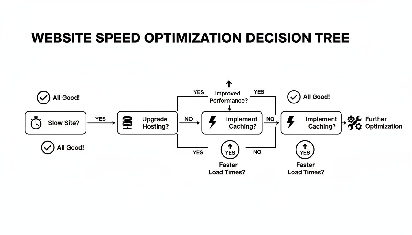 Decision tree outlining steps for website speed optimization, including hosting, caching, and further actions.