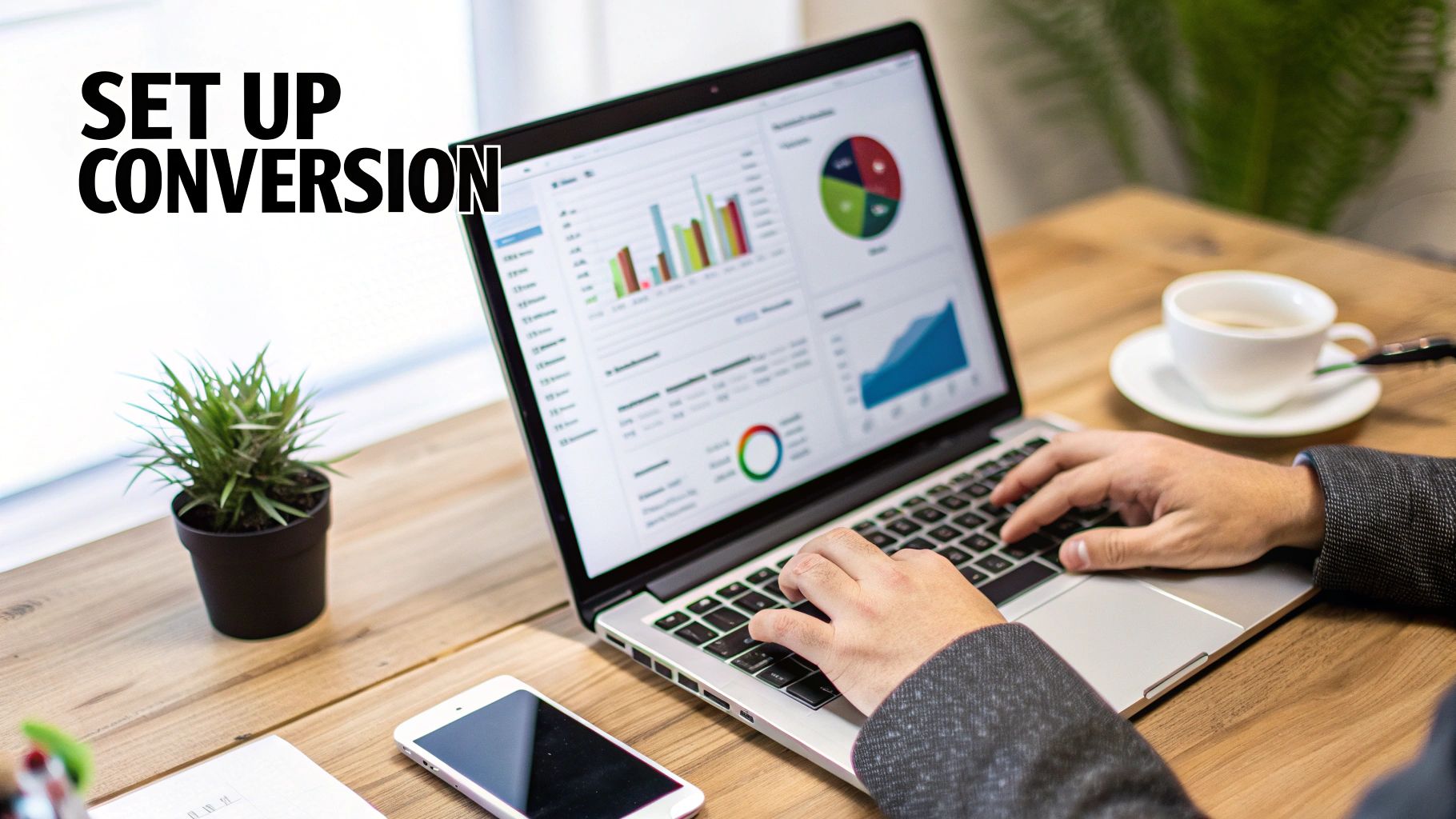 A person works on a laptop displaying conversion analytics, charts, and graphs on a wooden desk.