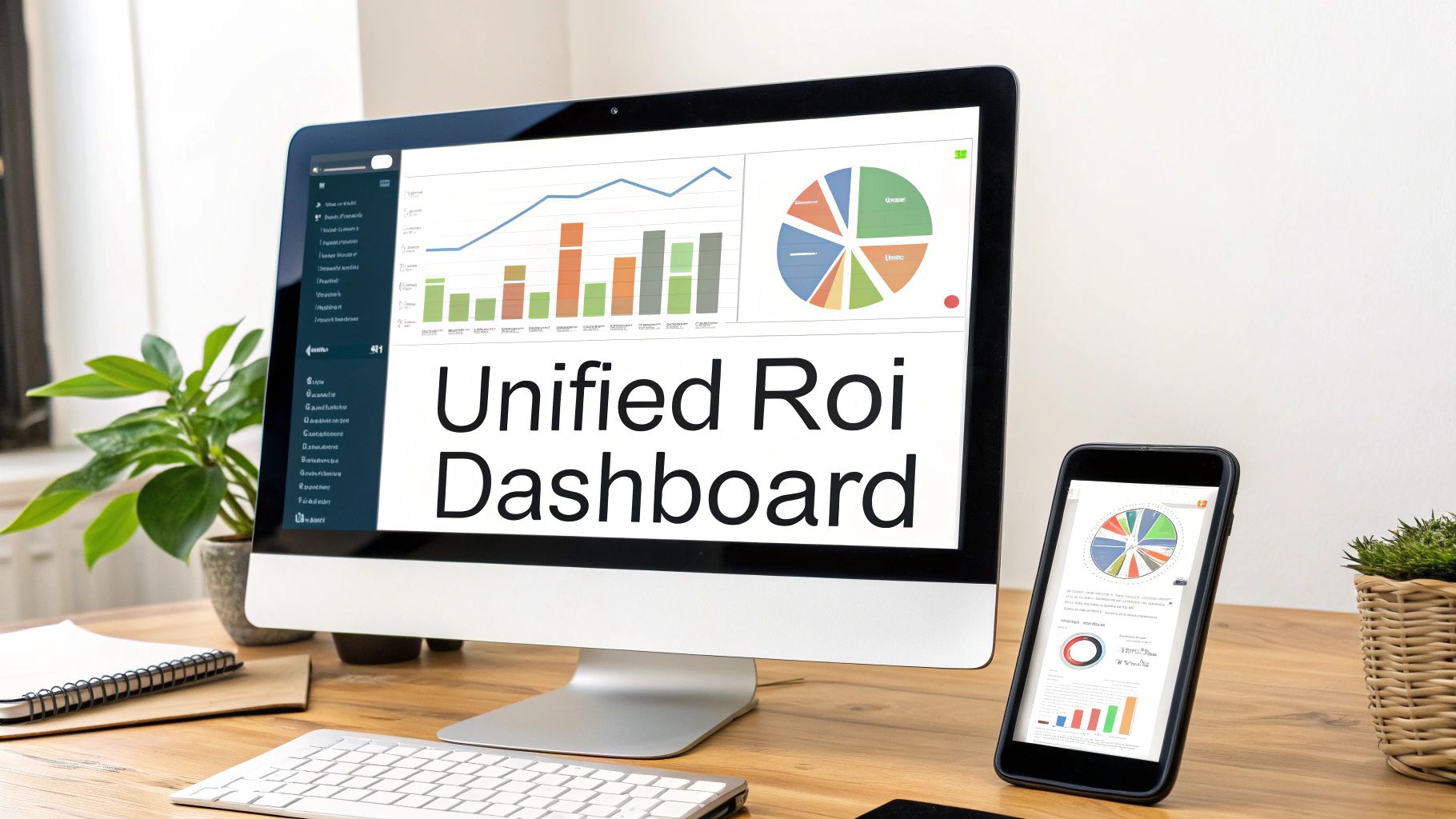 A computer monitor and smartphone display a Unified ROI Dashboard with business analytics.