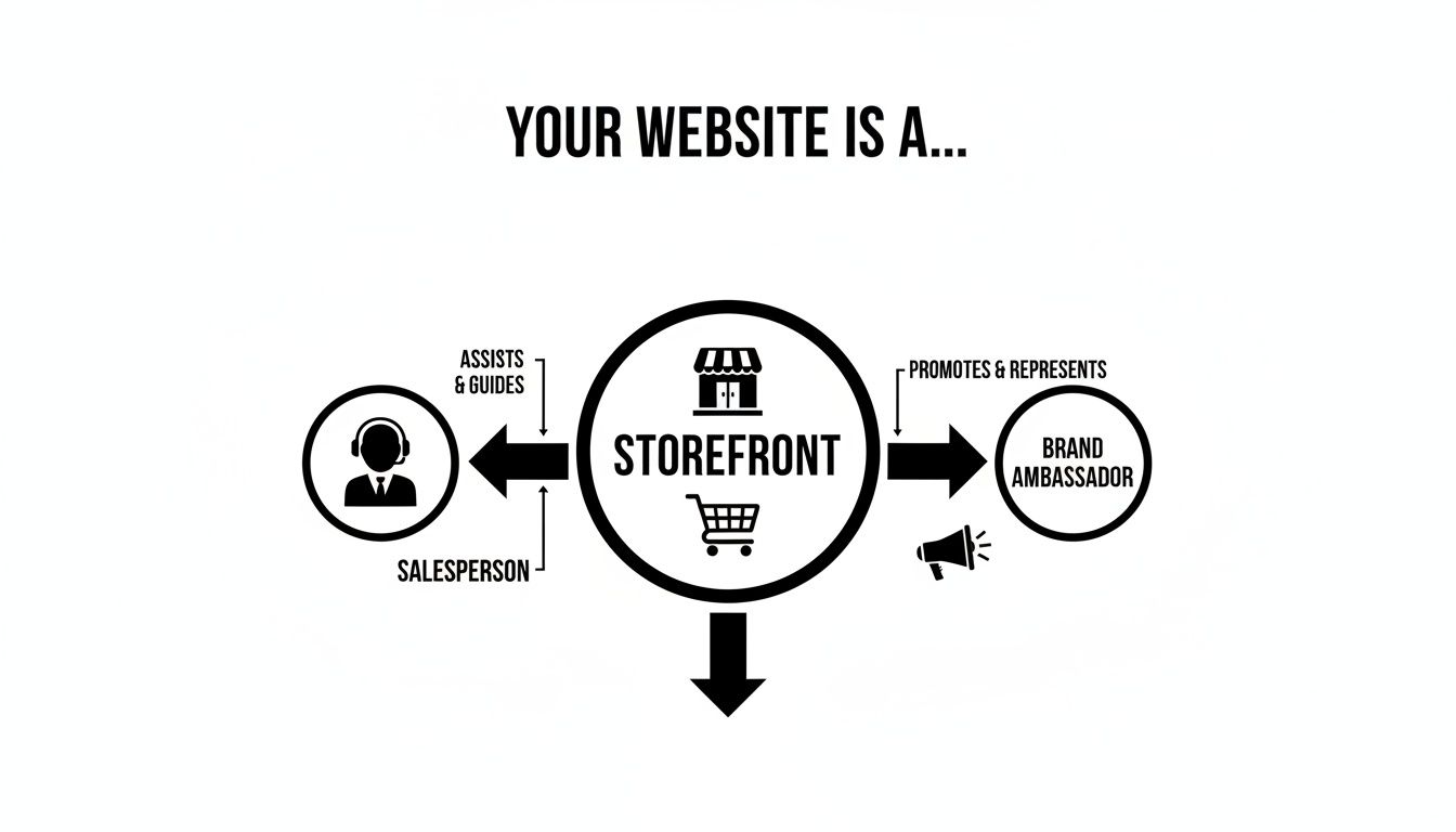 Diagram illustrating a website as a storefront, acting as both a salesperson and a brand ambassador.