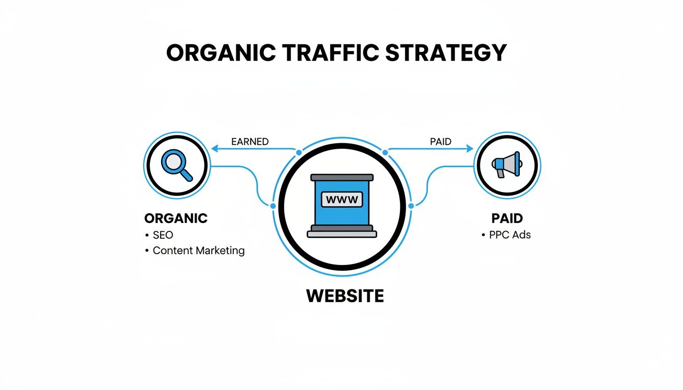 A marketing diagram explaining organic (SEO, content marketing) and paid (PPC ads) traffic strategies for a website.