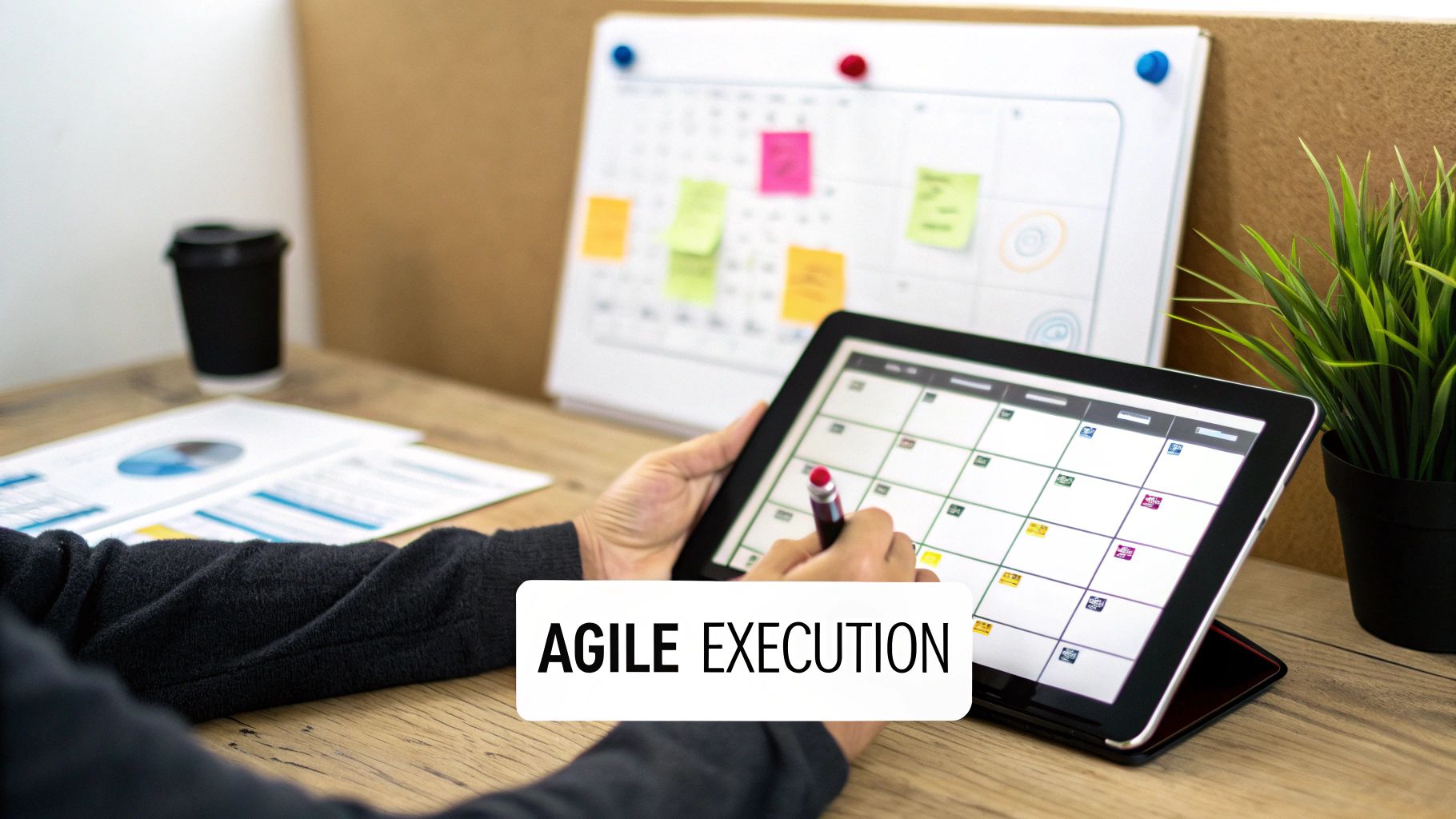 Close-up of a person using a tablet with a calendar app for agile execution and planning.