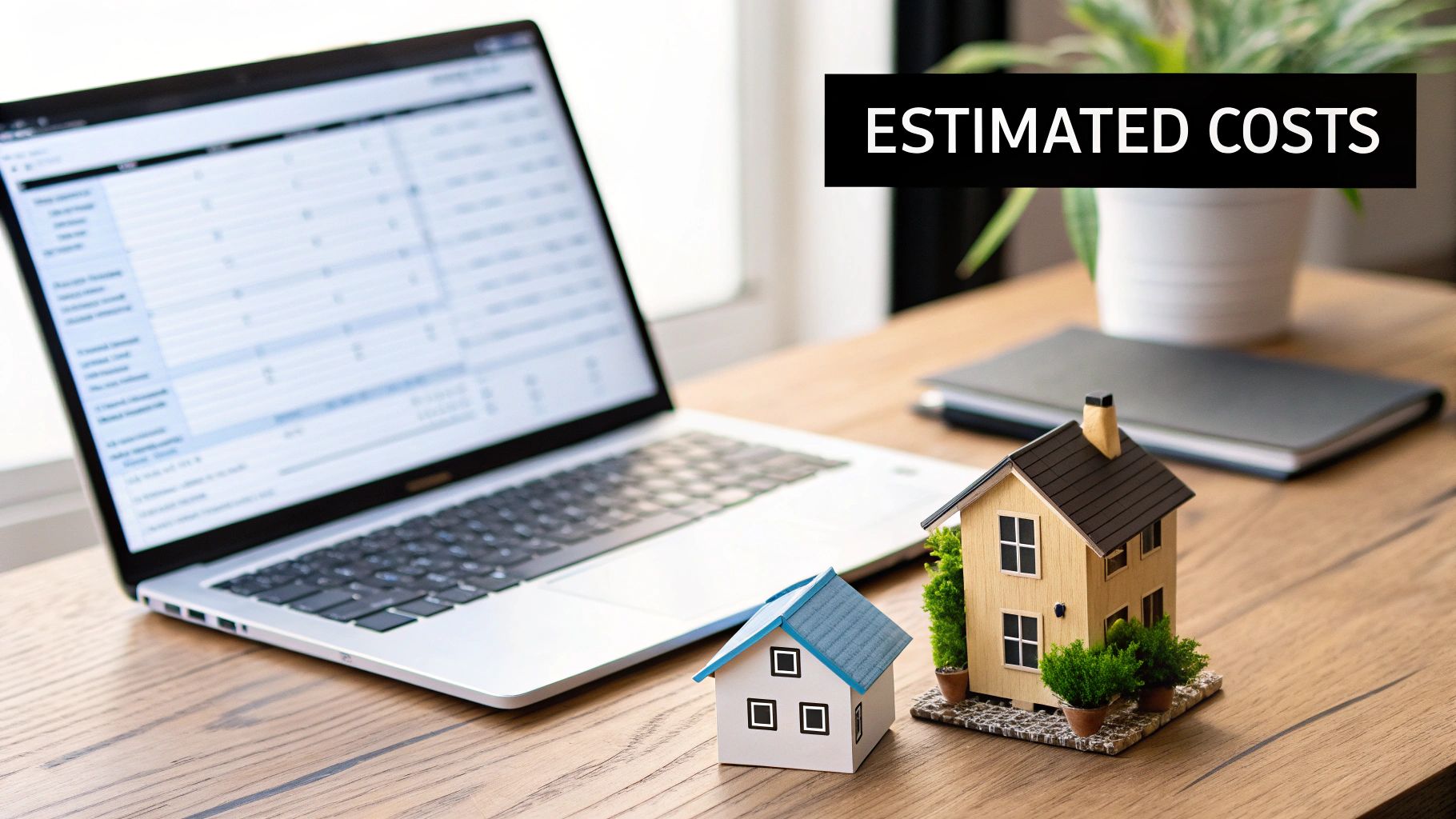 A laptop on a desk showing estimated costs, with two miniature house models for real estate planning.