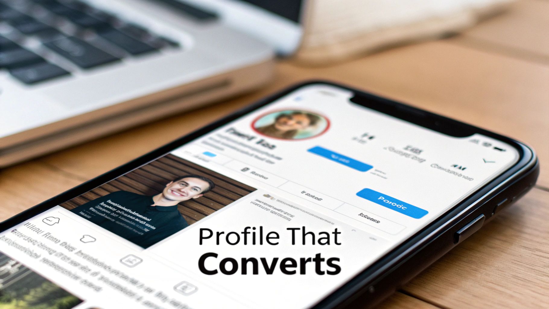 Smartphone displaying a social media profile with 'Profile That Converts' text, next to a laptop.