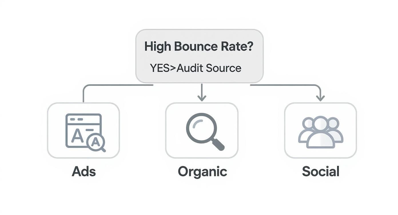 Flowchart showing how to audit traffic sources when experiencing high website bounce rates