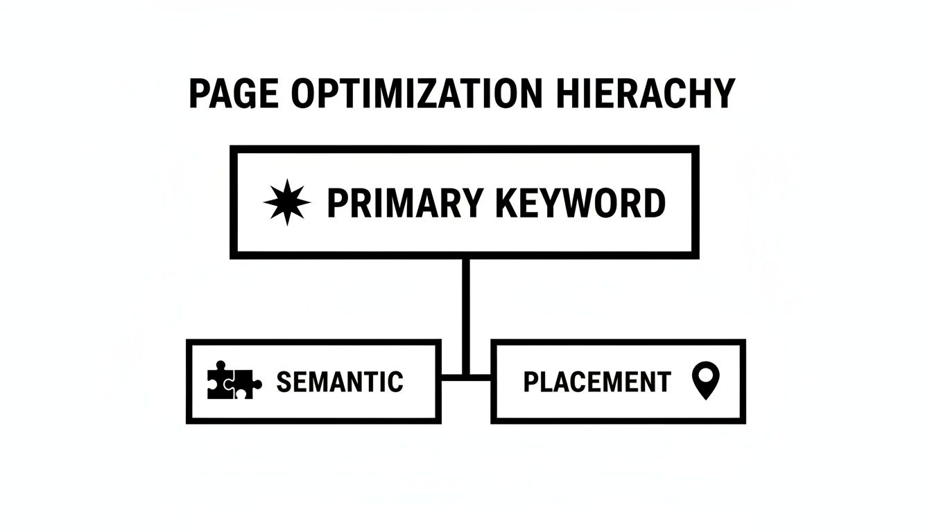 A page optimization hierarchy diagram showing Primary Keyword, Semantic, and Placement elements.