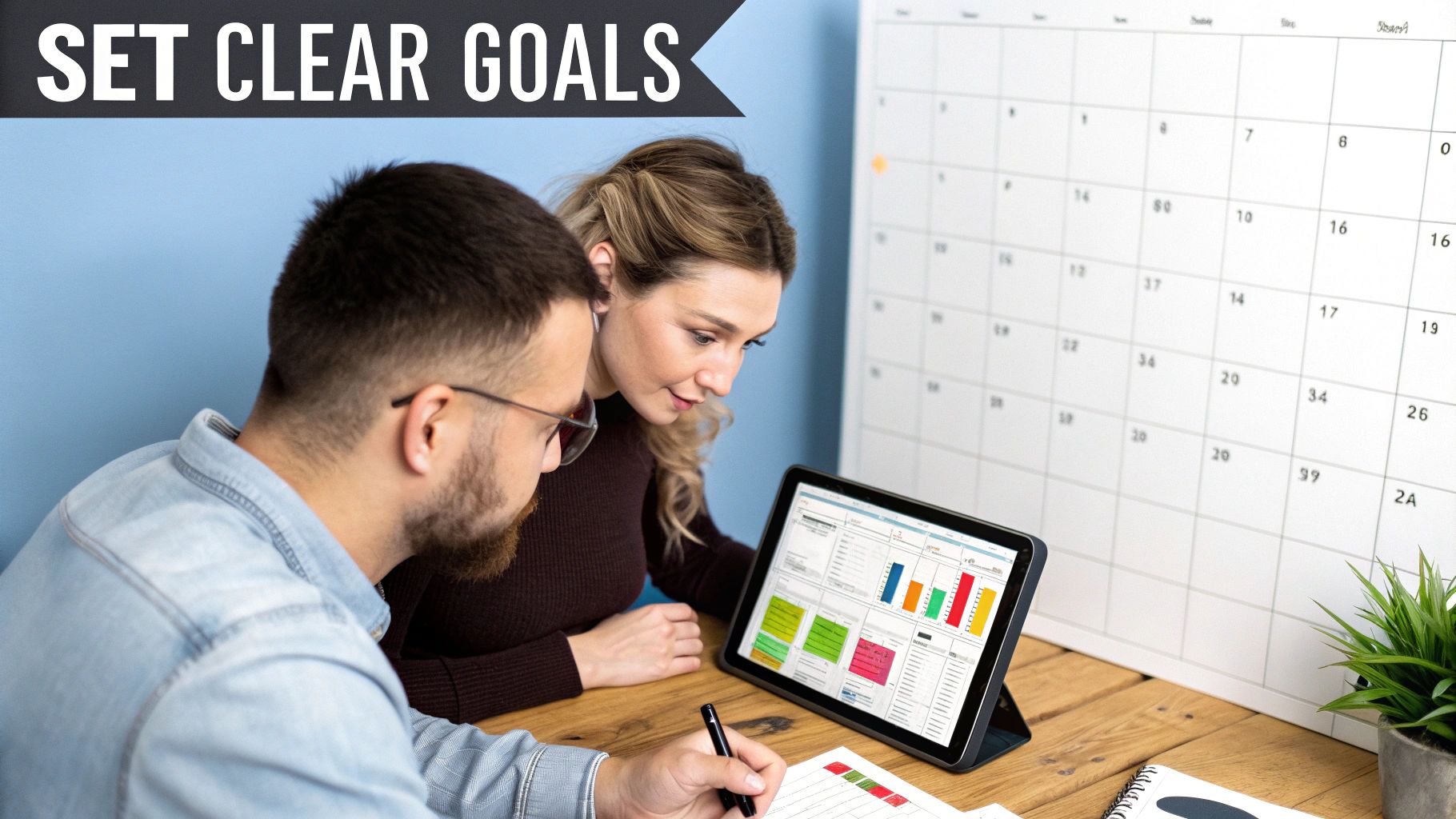 A person sitting at a desk with a laptop, looking at a wall covered with sticky notes and charts, planning a content strategy.