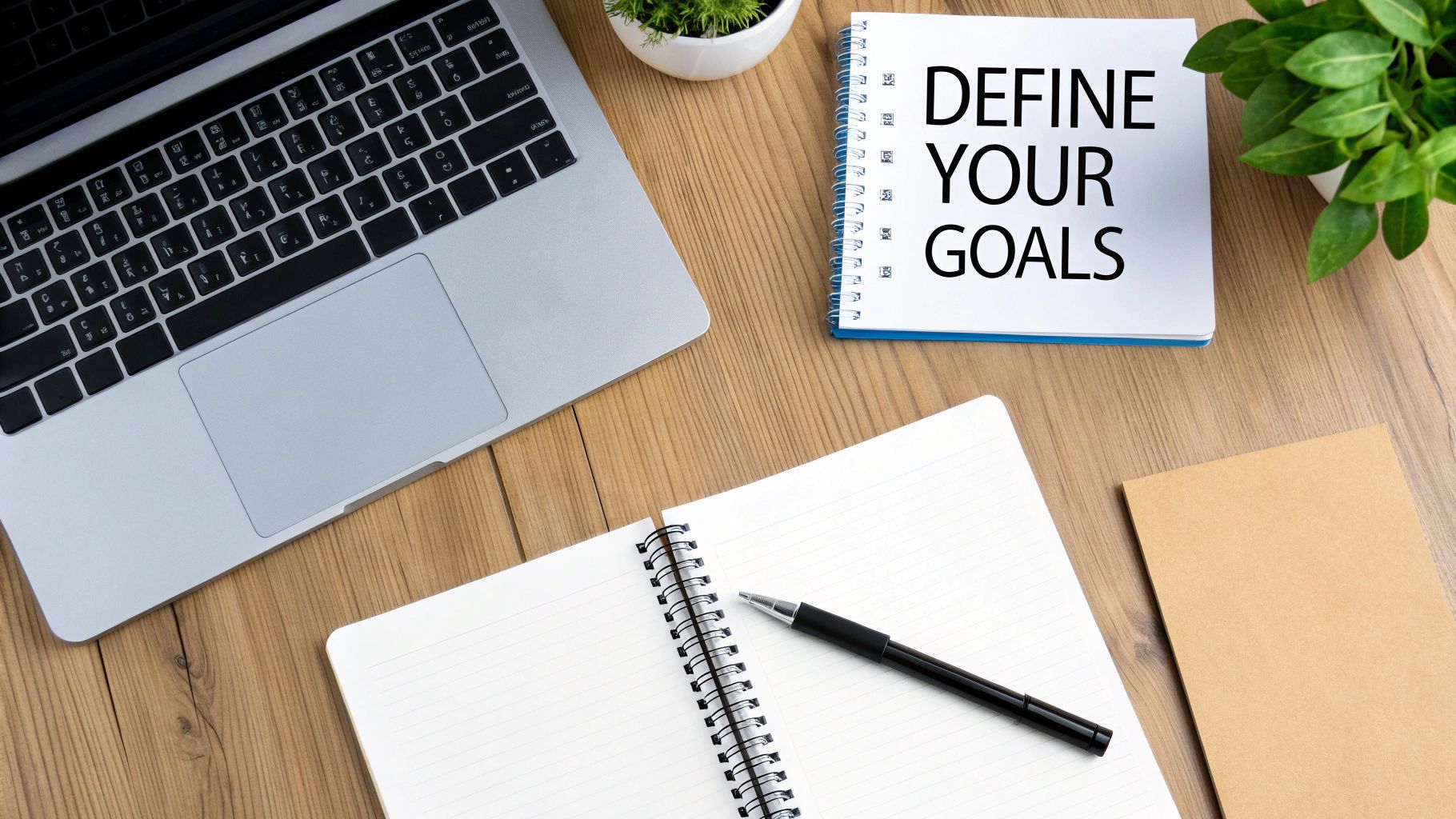 A flat lay of a wooden desk with a laptop, open notebooks, a pen, and two potted plants. One notebook reads 'DEFINE YOUR GOALS'.