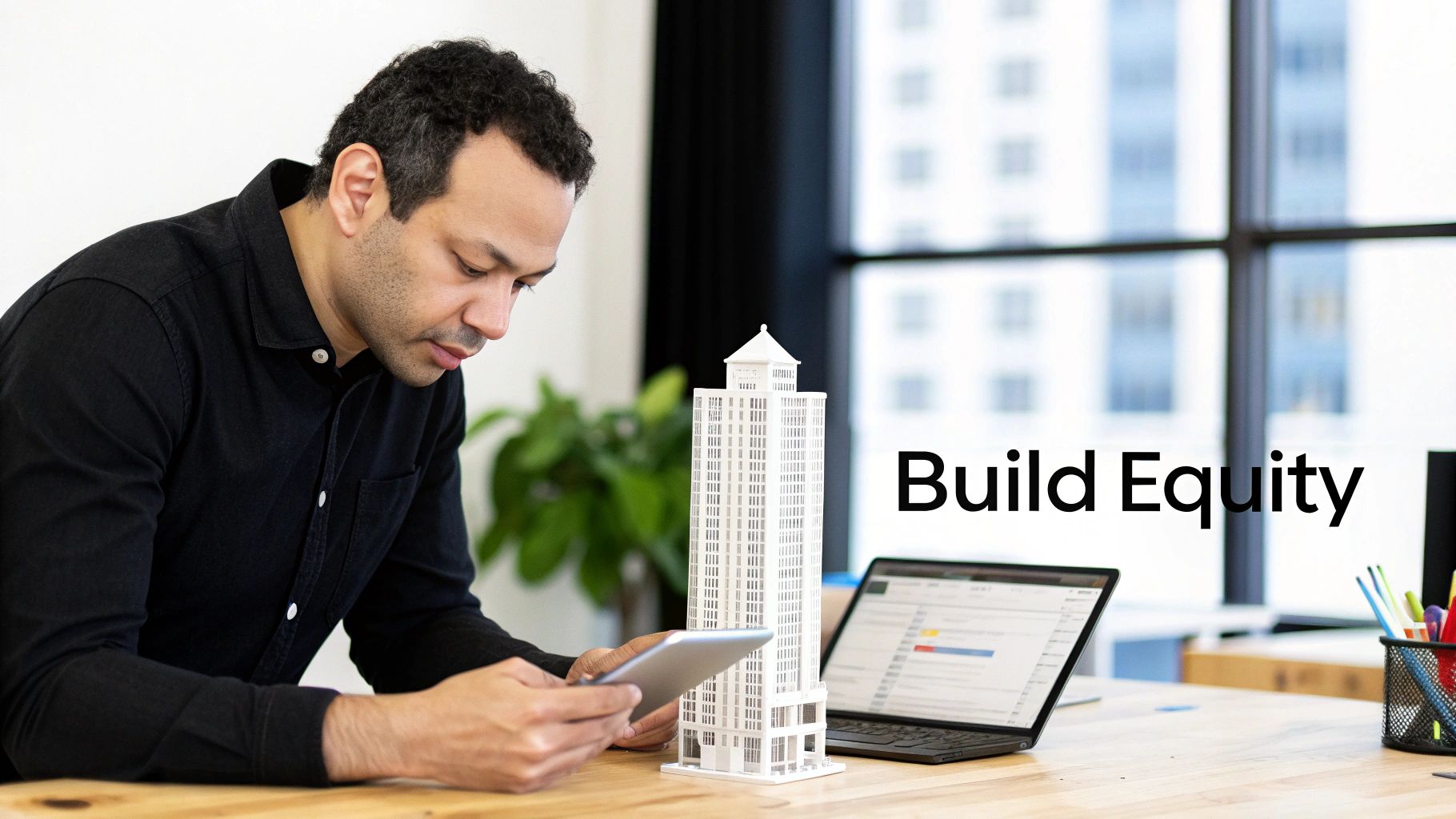 A man looks at a tablet next to a skyscraper model and laptop, with 'Build Equity' text.