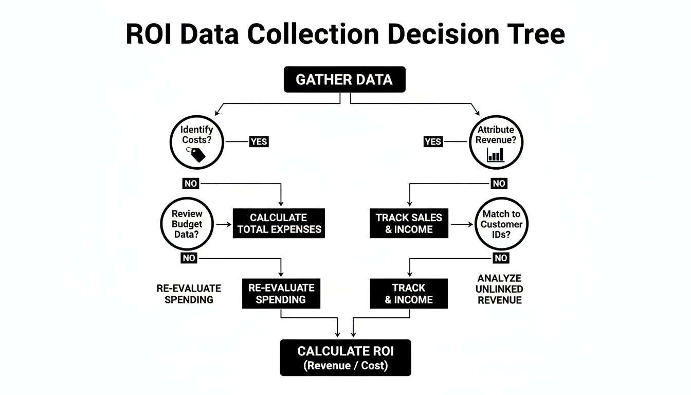 A black and white ROI data collection decision tree flowchart, showing steps for cost identification, revenue attribution, and ROI calculation.