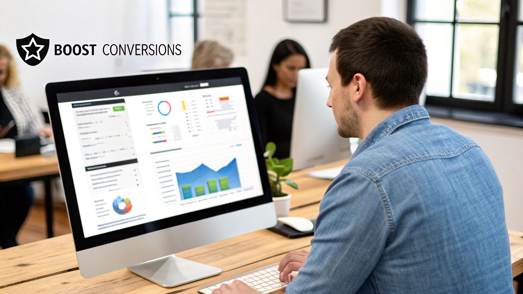 A person optimizing a website on a laptop, with conversion rate optimization (CRO) elements like charts and call-to-action buttons floating around the screen