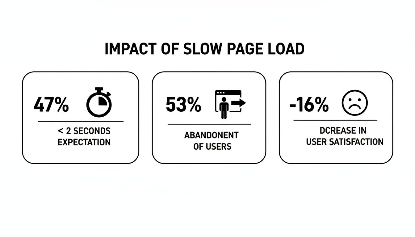 Infographic showing the impact of slow page load: 47% expect <2 seconds, 53% user abandonment, and a 16% decrease in user satisfaction.